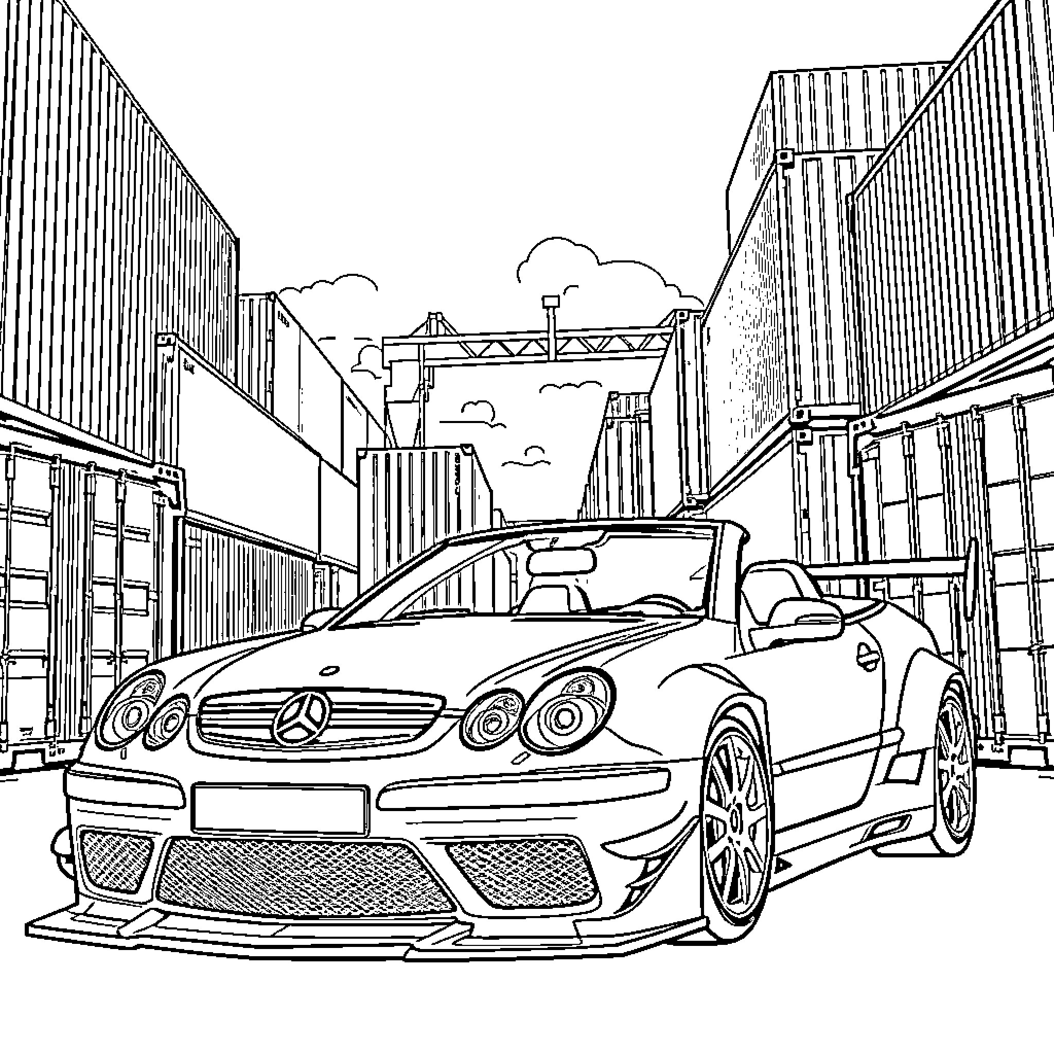 Mercedes CLK sports car in industrial setting Coloring Page (free black-and-white line drawing printable PDF for all, from beginners to advanced learners, including children, teens, adults, and seniors)