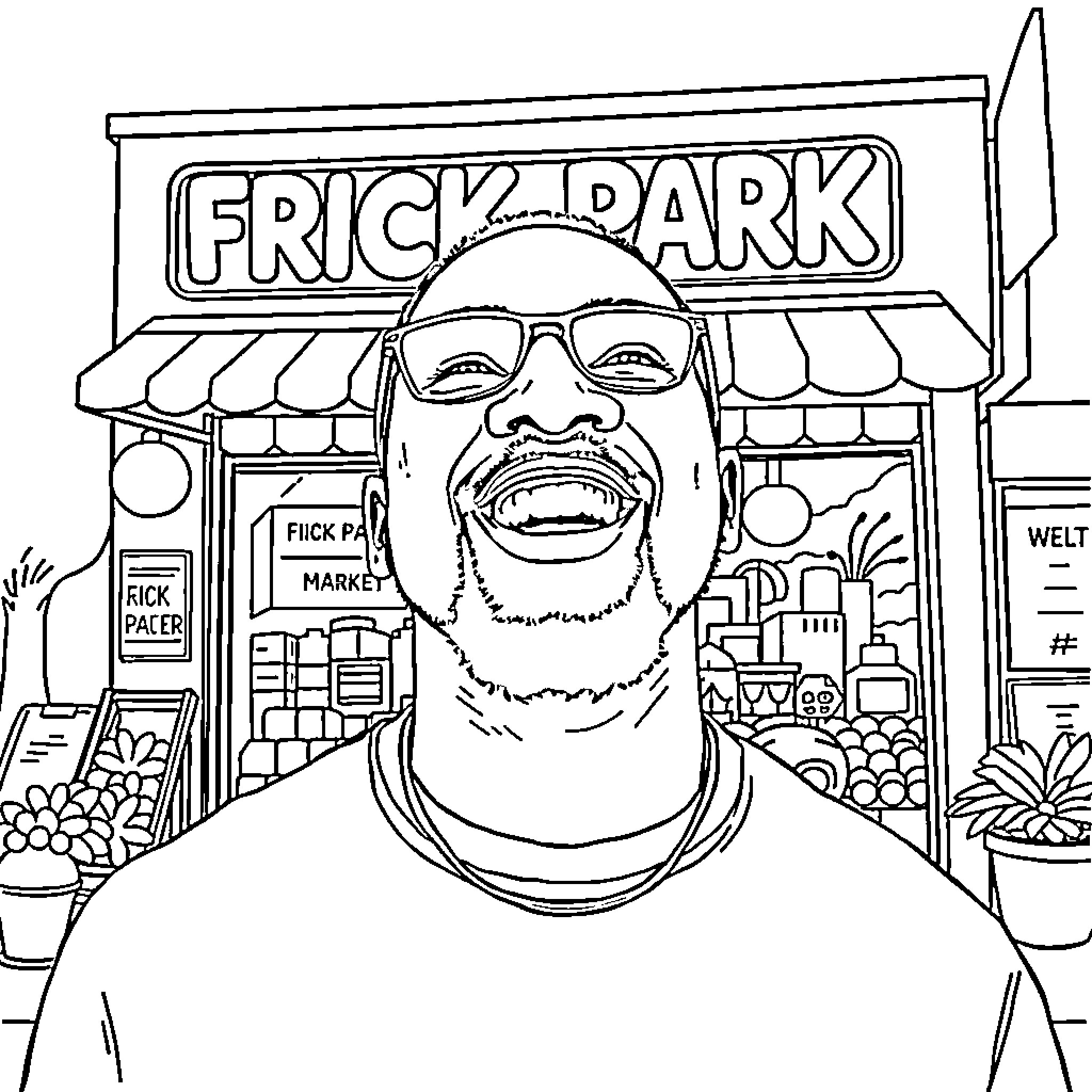 Mac Miller at his Frick Park Market Coloring Page (free black-and-white line drawing printable PDF for all, from beginners to advanced learners, including children, teens, adults, and seniors)