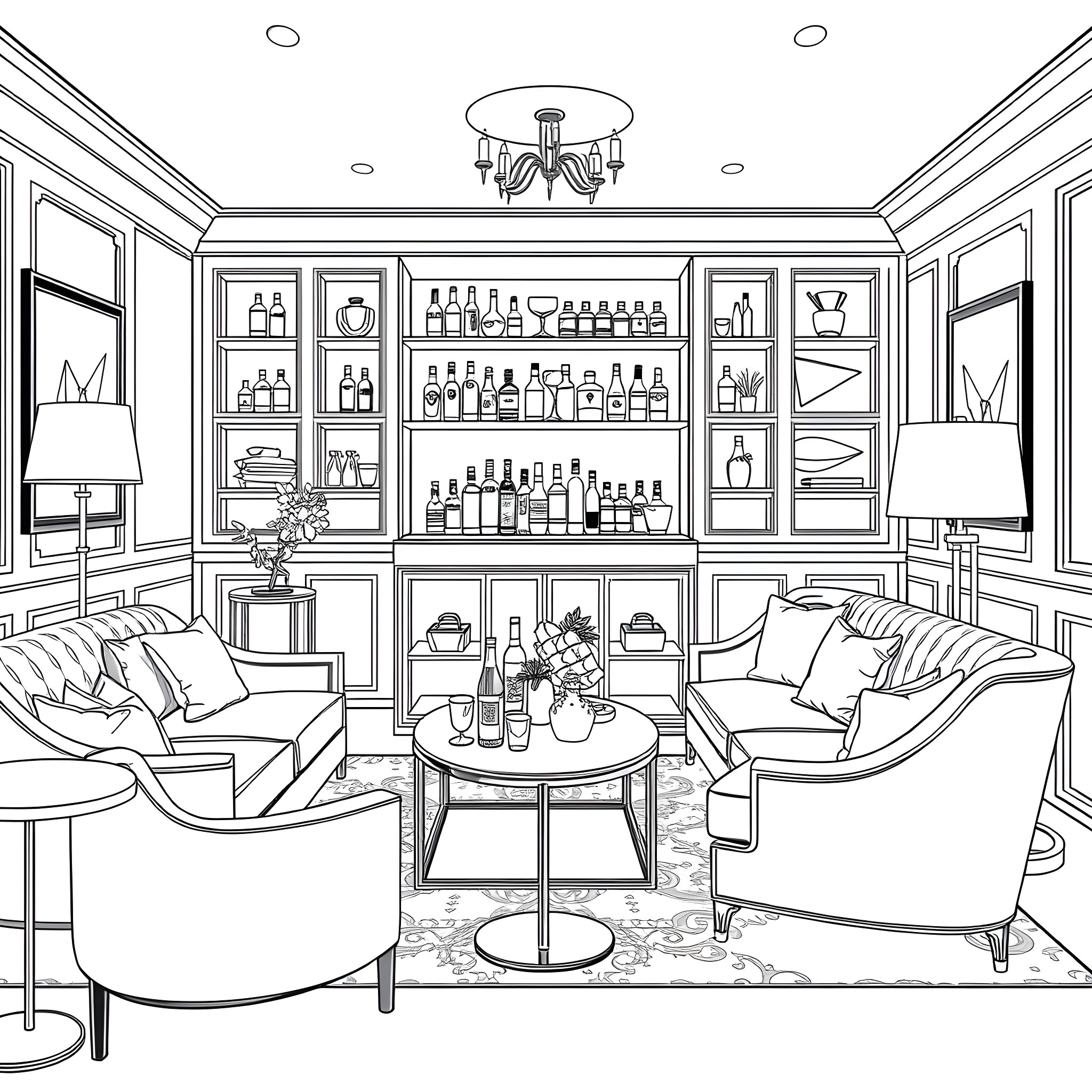 Adult lounge with cozy furniture and liquor cabinet Coloring Page (free black-and-white line drawing printable PDF for all, from beginners to advanced learners, including children, teens, adults, and seniors)