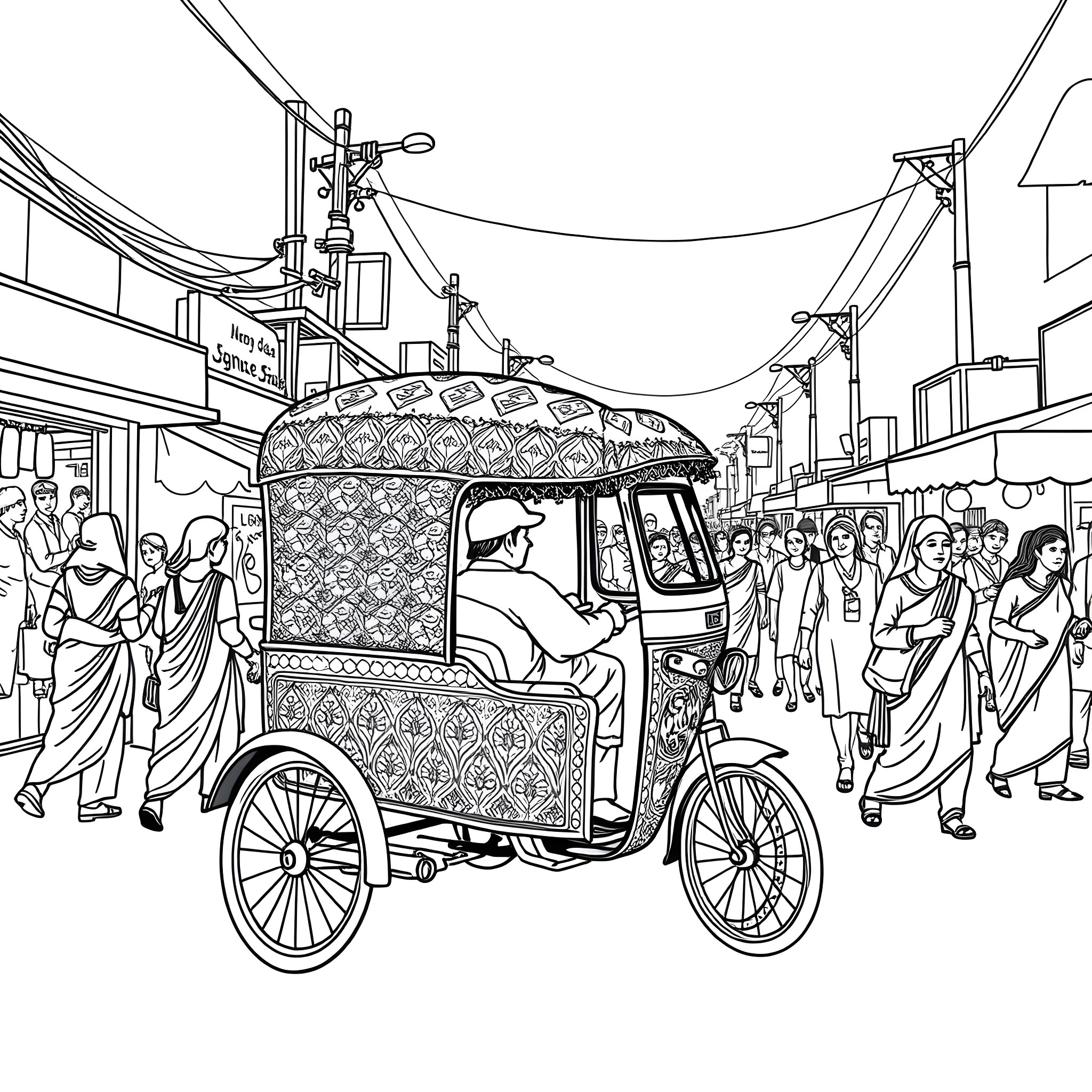 Rickshaw transporting passengers in a crowded urban scene Coloring Page (free black-and-white line drawing printable PDF for all, from beginners to advanced learners, including children, teens, adults, and seniors)