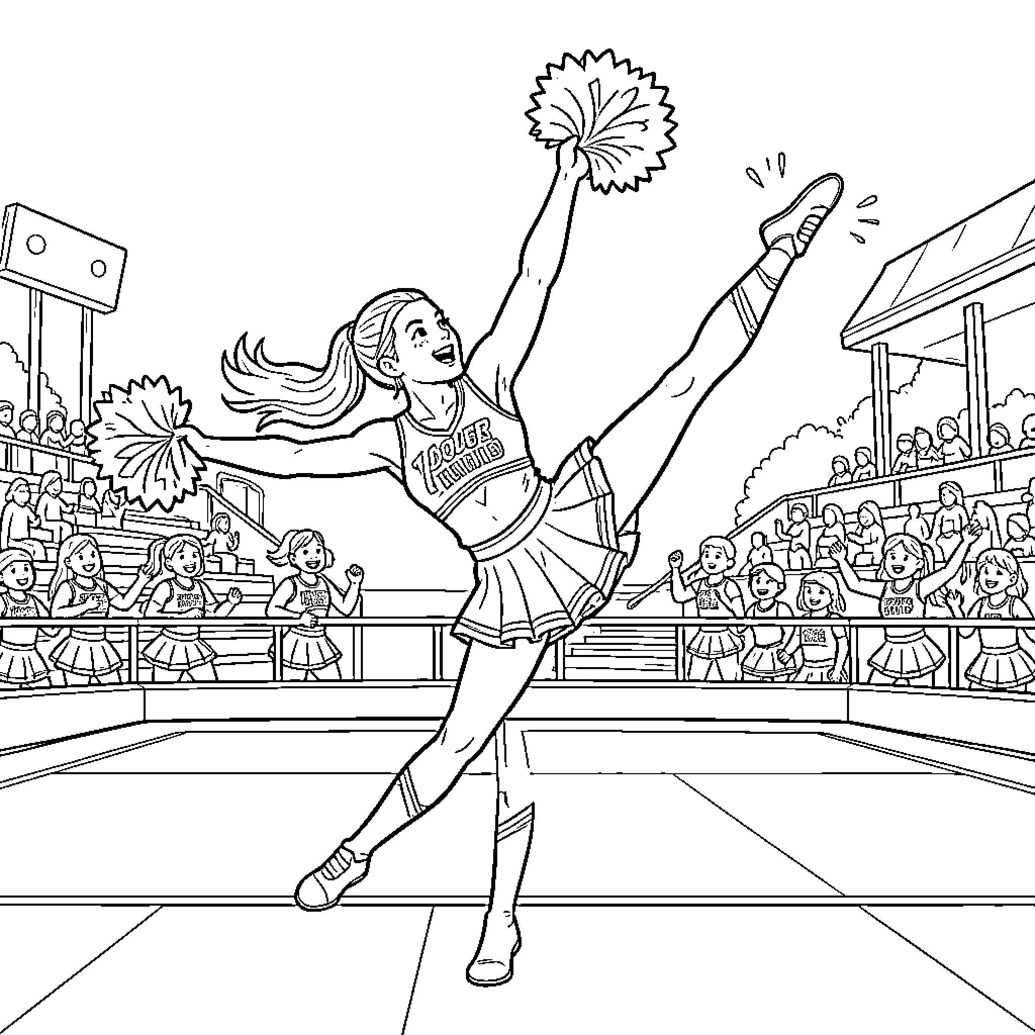 Cheerleader performing an energetic dance routine with pom poms Coloring Page (free black-and-white line drawing printable PDF for all, from beginners to advanced learners, including children, teens, adults, and seniors)