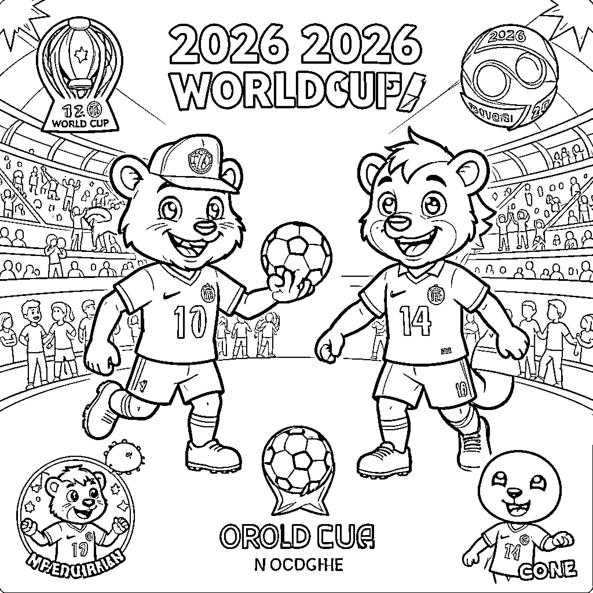 Mascot characters playing soccer in a crowded stadium Coloring Page (free black-and-white line drawing printable PDF for all, from beginners to advanced learners, including children, teens, adults, and seniors)