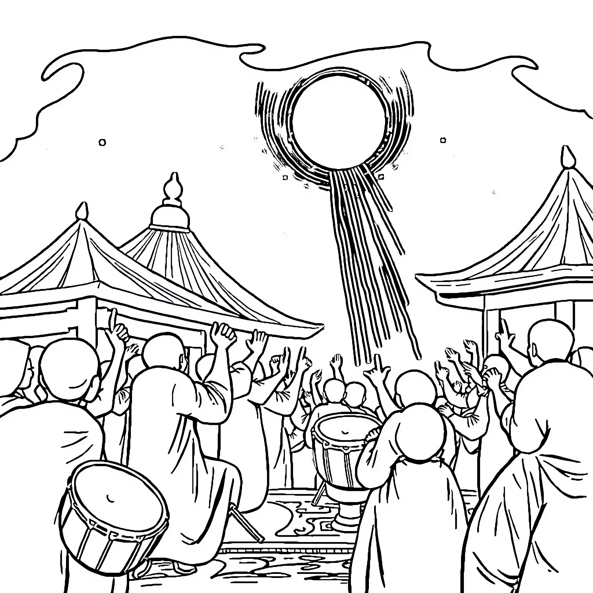 Tung procession celebrating with music and dance Coloring Page (free black-and-white line drawing printable PDF for all, from beginners to advanced learners, including children, teens, adults, and seniors)