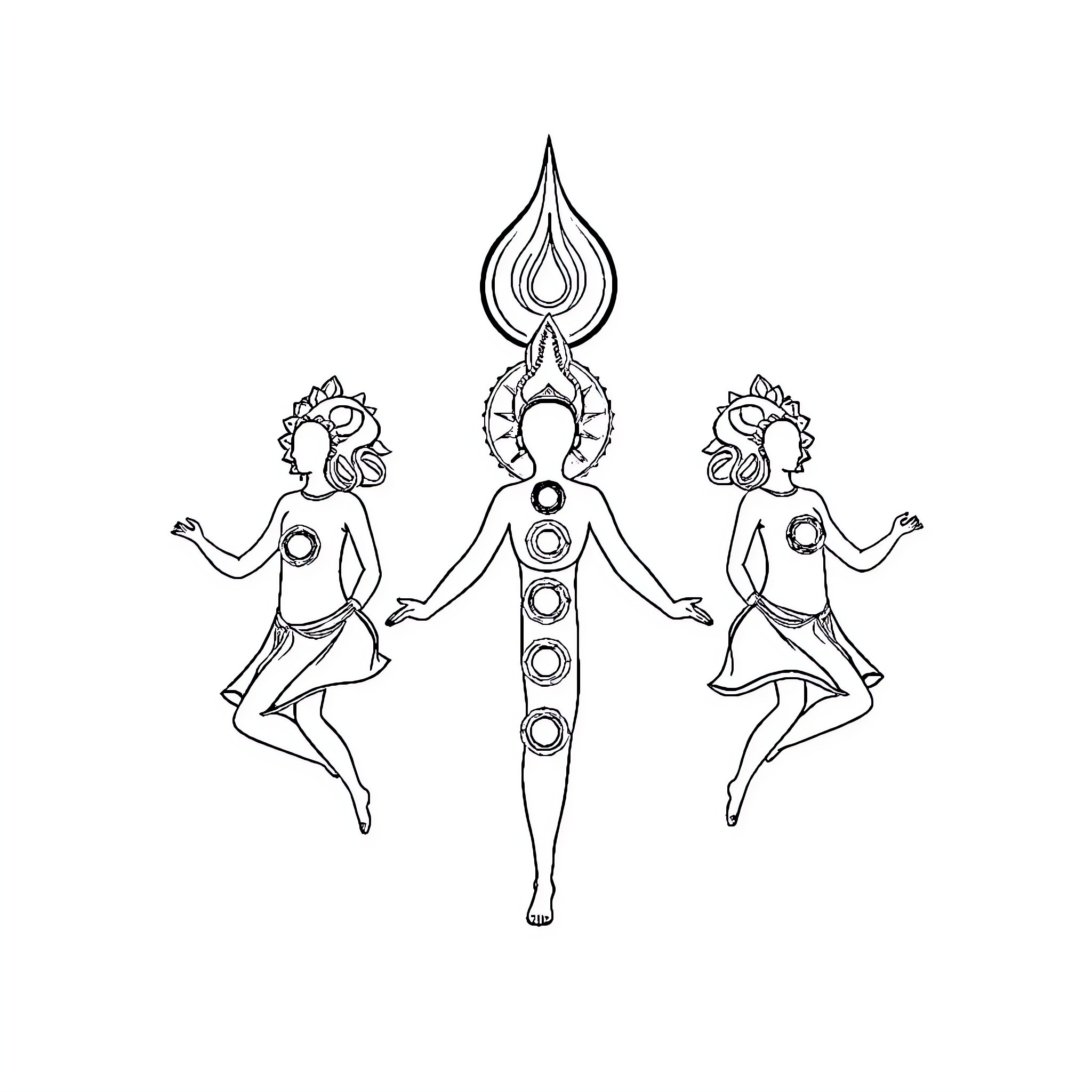 Chakra Meditation with Dancing Figures Coloring Page (free black-and-white line drawing printable PDF for all, from beginners to advanced learners, including children, teens, adults, and seniors)