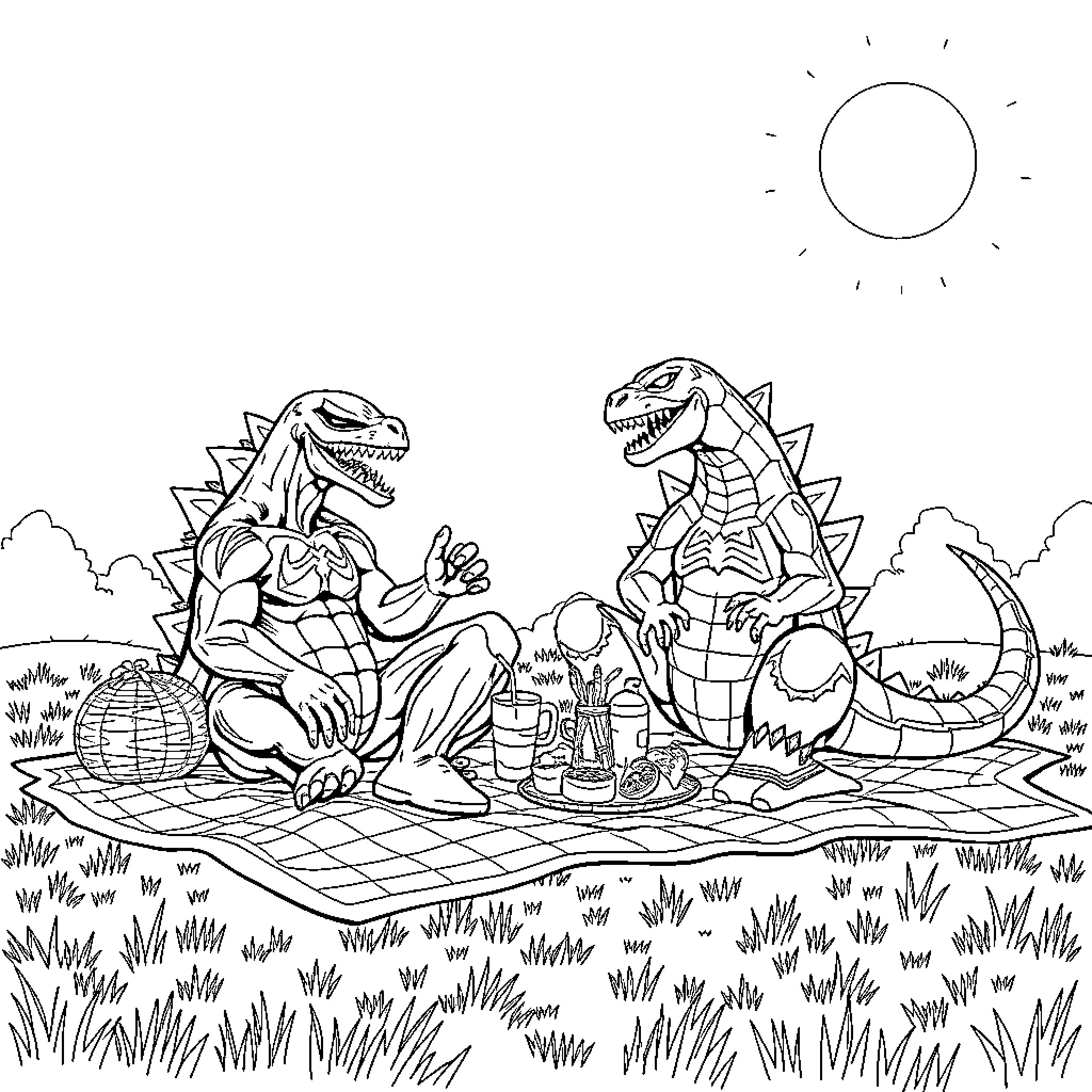 Venom Dinosaurs Enjoy a Picnic Outdoors Coloring Page (free black-and-white line drawing printable PDF for all, from beginners to advanced learners, including children, teens, adults, and seniors)
