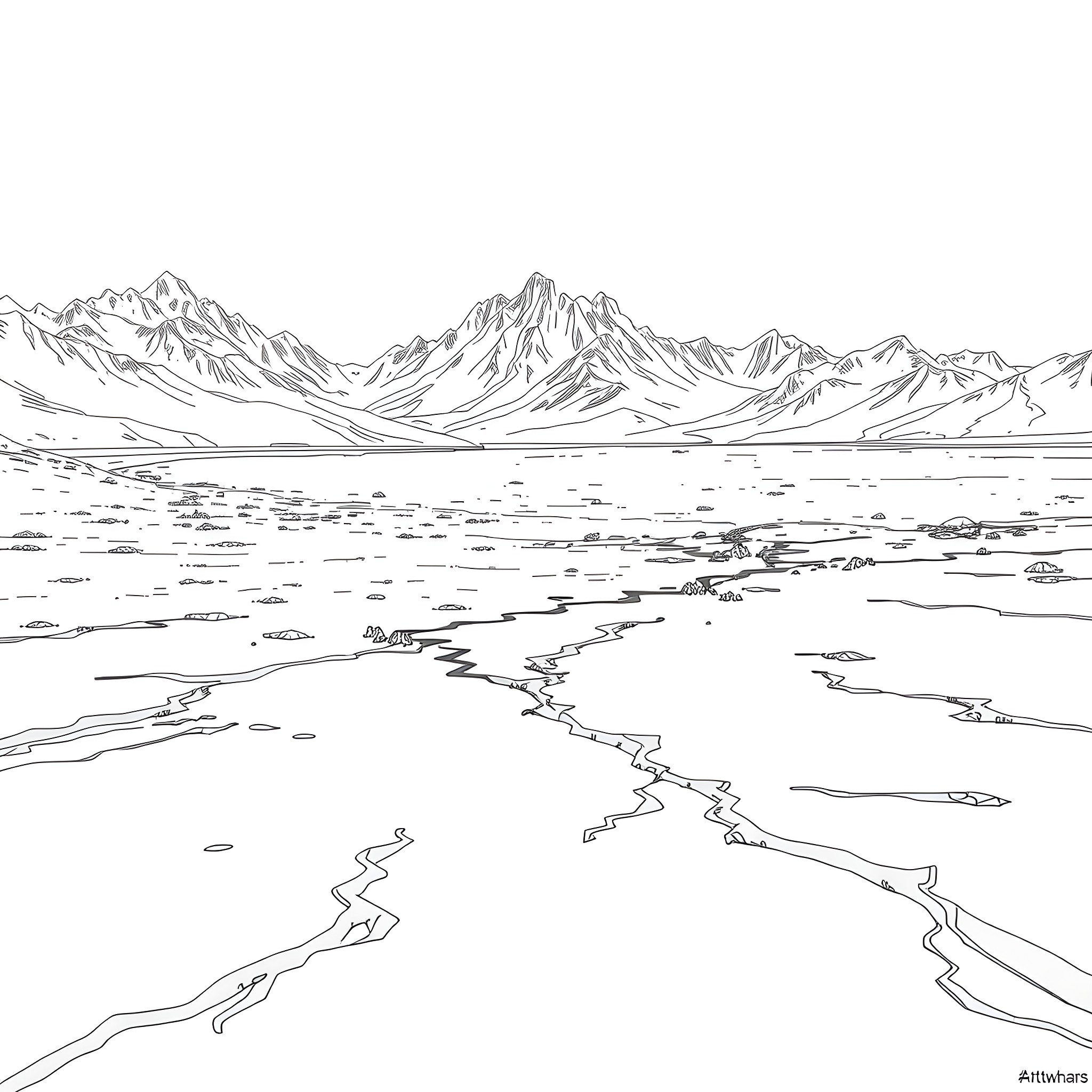 Snowy Wasteland with Majestic Mountain Scenery Coloring Page (free black-and-white line drawing printable PDF for all, from beginners to advanced learners, including children, teens, adults, and seniors)