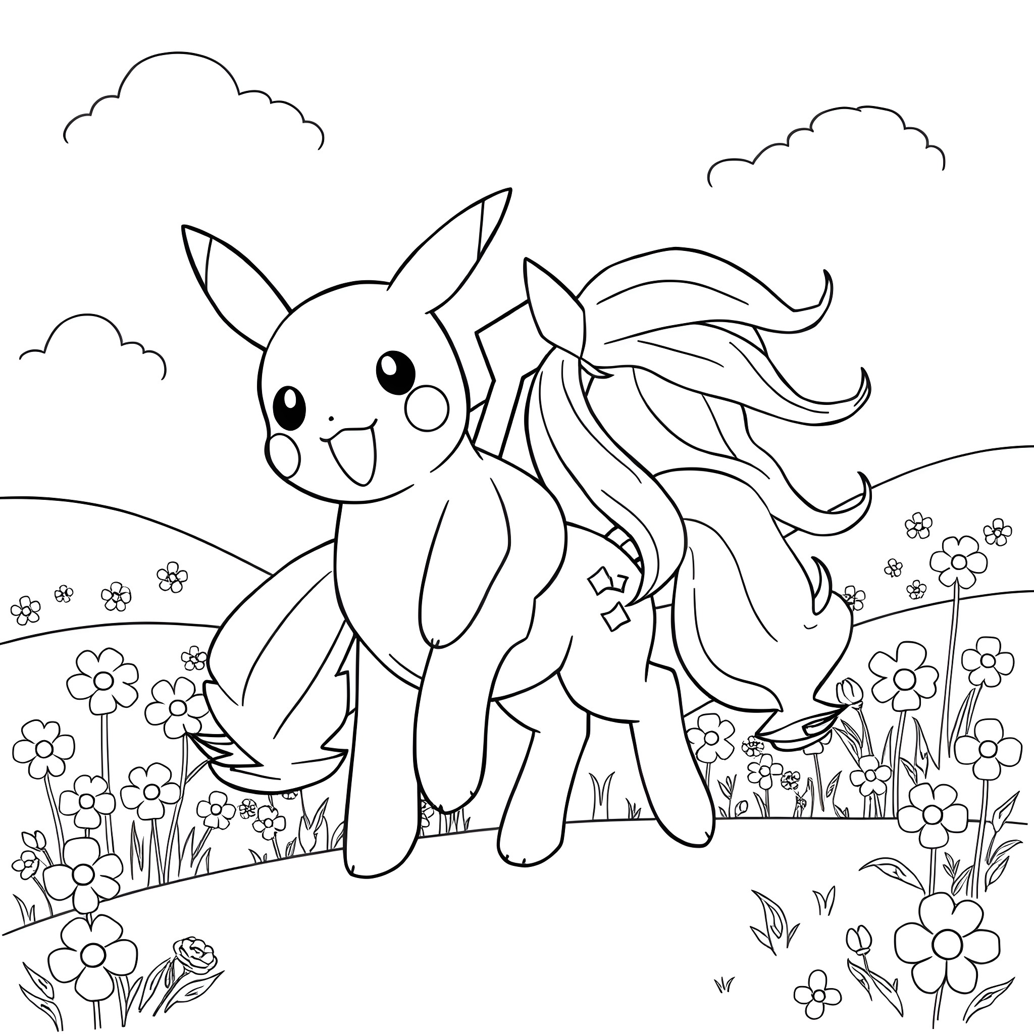 Pikachu playing happily in a floral meadow Coloring Page (free black-and-white line drawing printable PDF for all, from beginners to advanced learners, including children, teens, adults, and seniors)