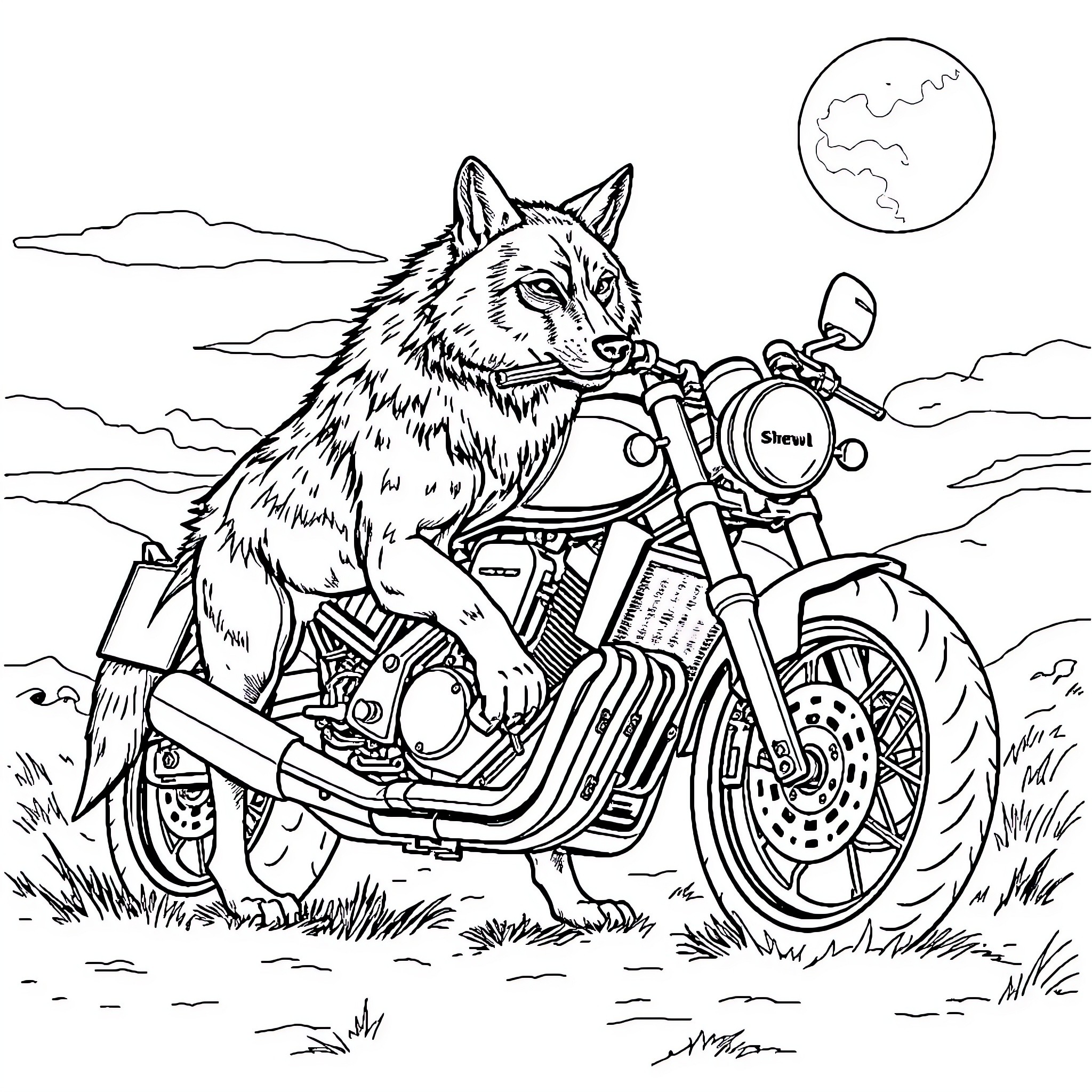 Wolf riding a motorcycle in the wilderness Coloring Page (free black-and-white line drawing printable PDF for all, from beginners to advanced learners, including children, teens, adults, and seniors)