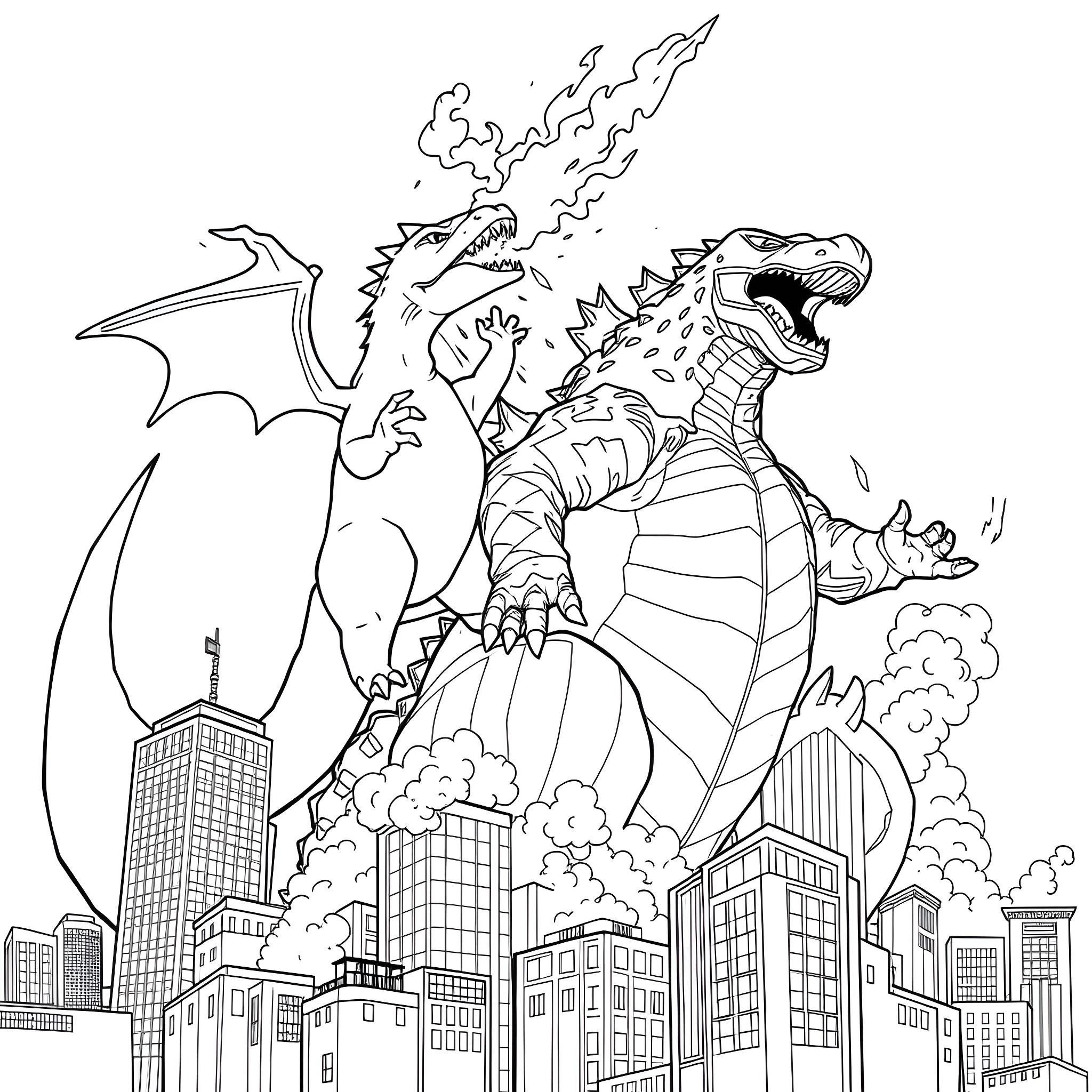 Charizard destroying buildings in a city Coloring Page (free black-and-white line drawing printable PDF for all, from beginners to advanced learners, including children, teens, adults, and seniors)