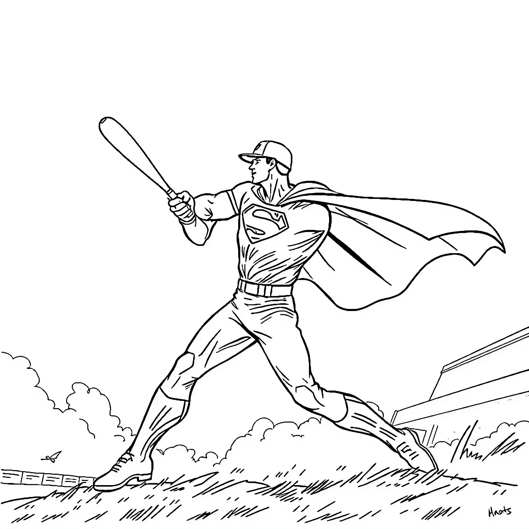 Superman batting heroically in the field Coloring Page (free black-and-white line drawing printable PDF for all, from beginners to advanced learners, including children, teens, adults, and seniors)