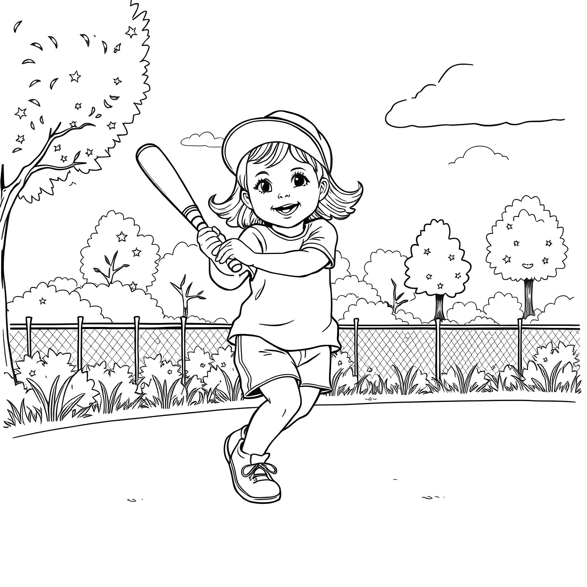 Baby Girl Playing Baseball in the Park Coloring Page (free black-and-white line drawing printable PDF for all, from beginners to advanced learners, including children, teens, adults, and seniors)