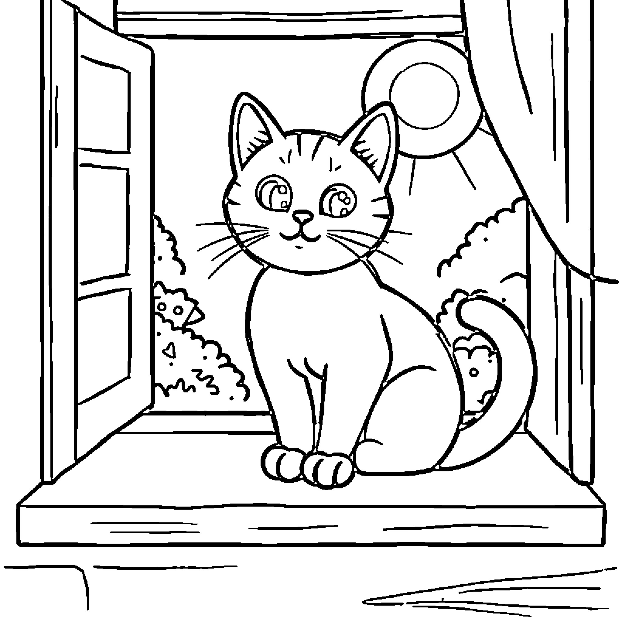 Cat sitting by the window Coloring Page (free black-and-white line drawing printable PDF for all, from beginners to advanced learners, including children, teens, adults, and seniors)