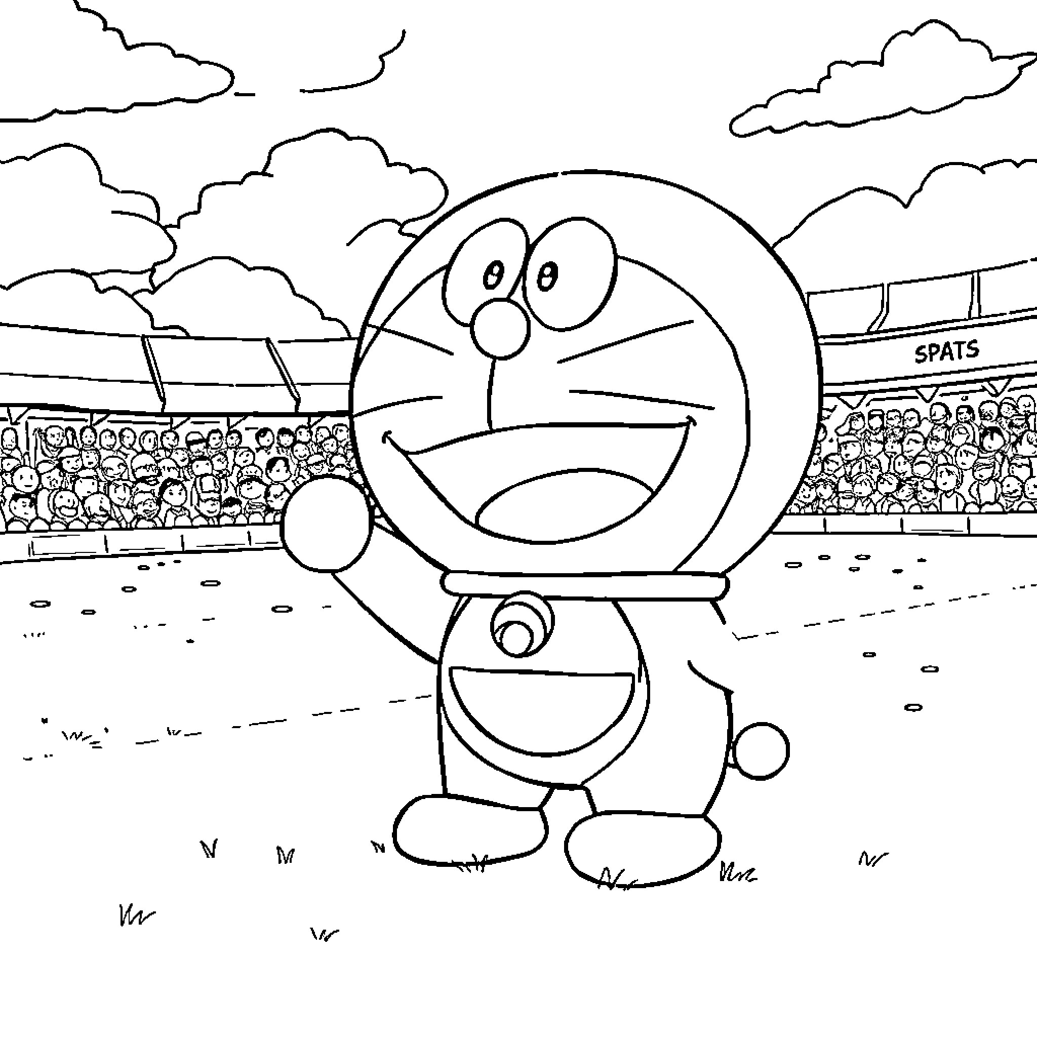 Doraemon enjoys a lively sports event Coloring Page (free black-and-white line drawing printable PDF for all, from beginners to advanced learners, including children, teens, adults, and seniors)