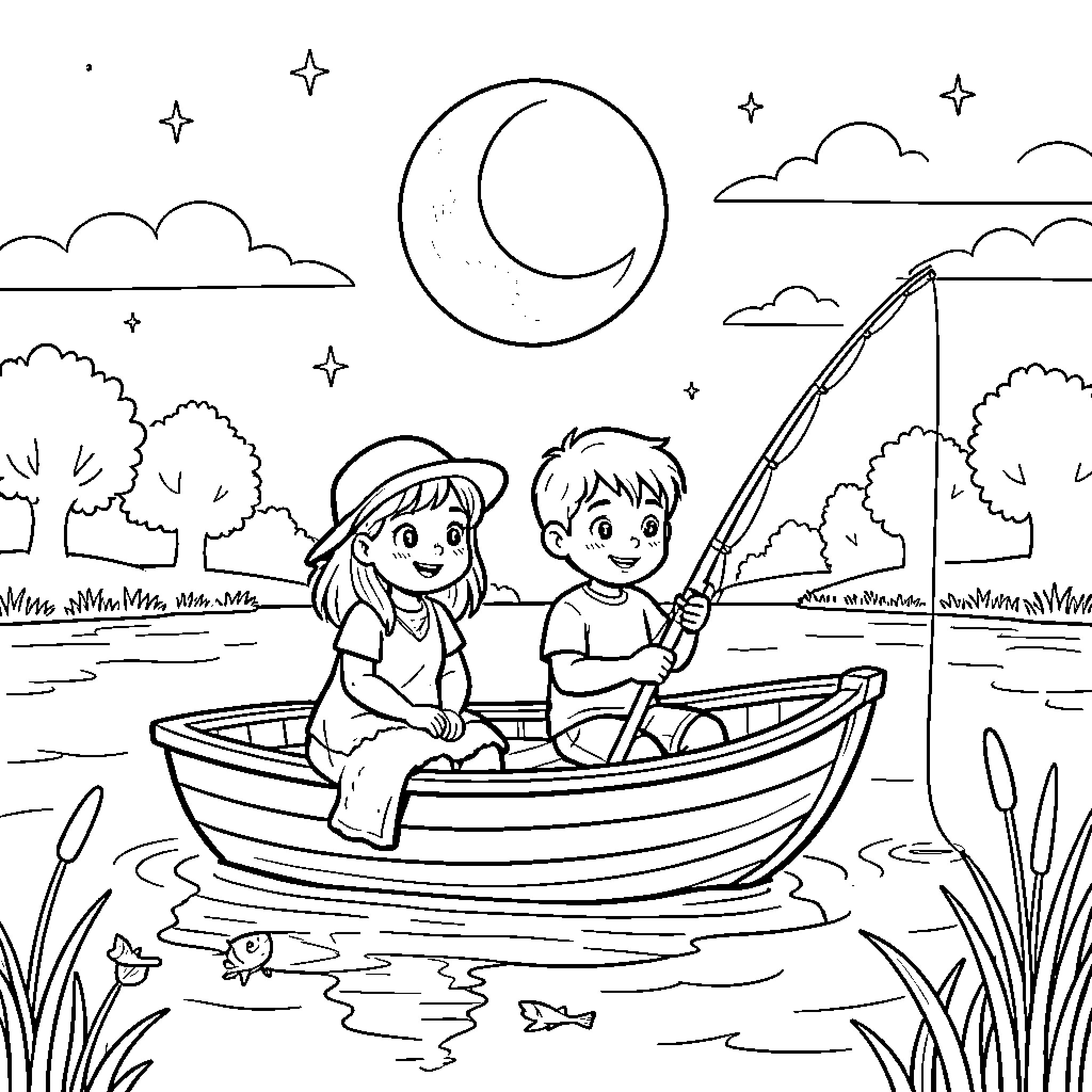 Children fishing from a small boat at night Coloring Page (free black-and-white line drawing printable PDF for all, from beginners to advanced learners, including children, teens, adults, and seniors)