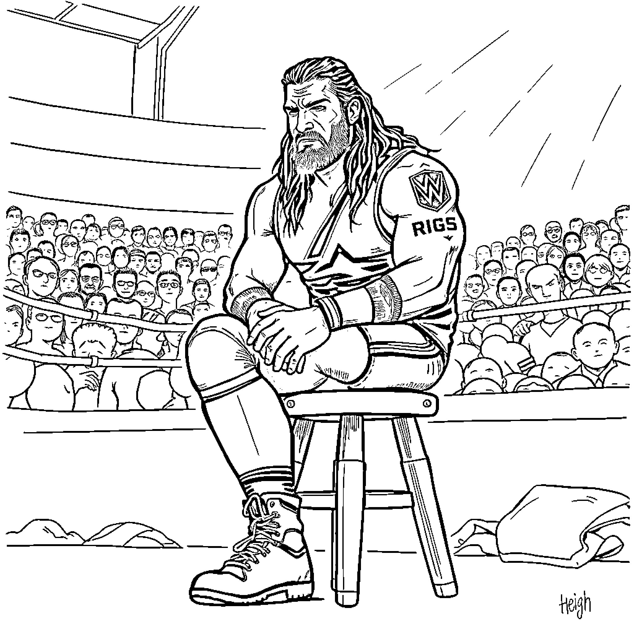 Roman Reigns in a pensive moment in the ring Coloring Page (free black-and-white line drawing printable PDF for all, from beginners to advanced learners, including children, teens, adults, and seniors)