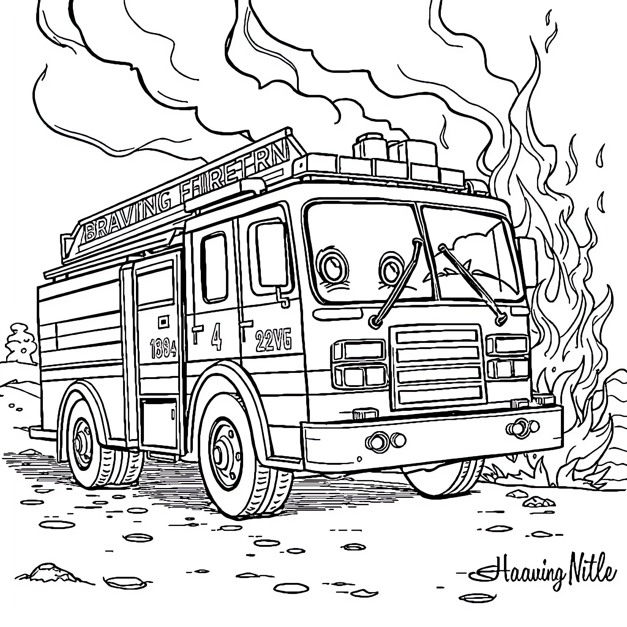 Firetruck rushing to emergency scene with flames Coloring Page (free black-and-white line drawing printable PDF for all, from beginners to advanced learners, including children, teens, adults, and seniors)