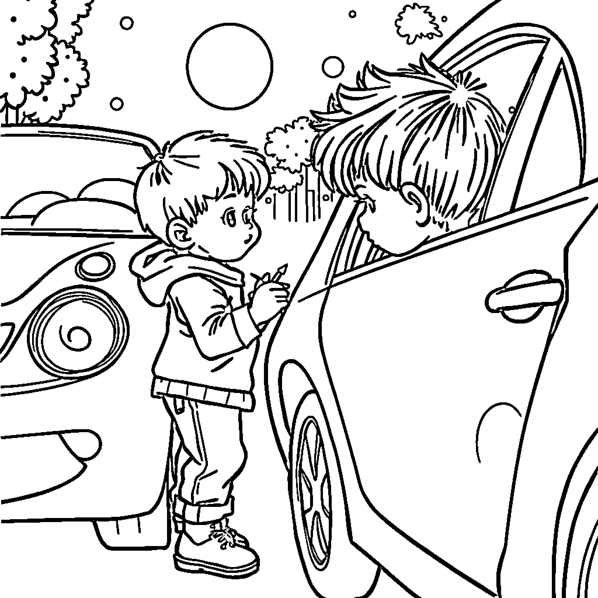 Niño exploring the car on a starry night Coloring Page (free black-and-white line drawing printable PDF for all, from beginners to advanced learners, including children, teens, adults, and seniors)