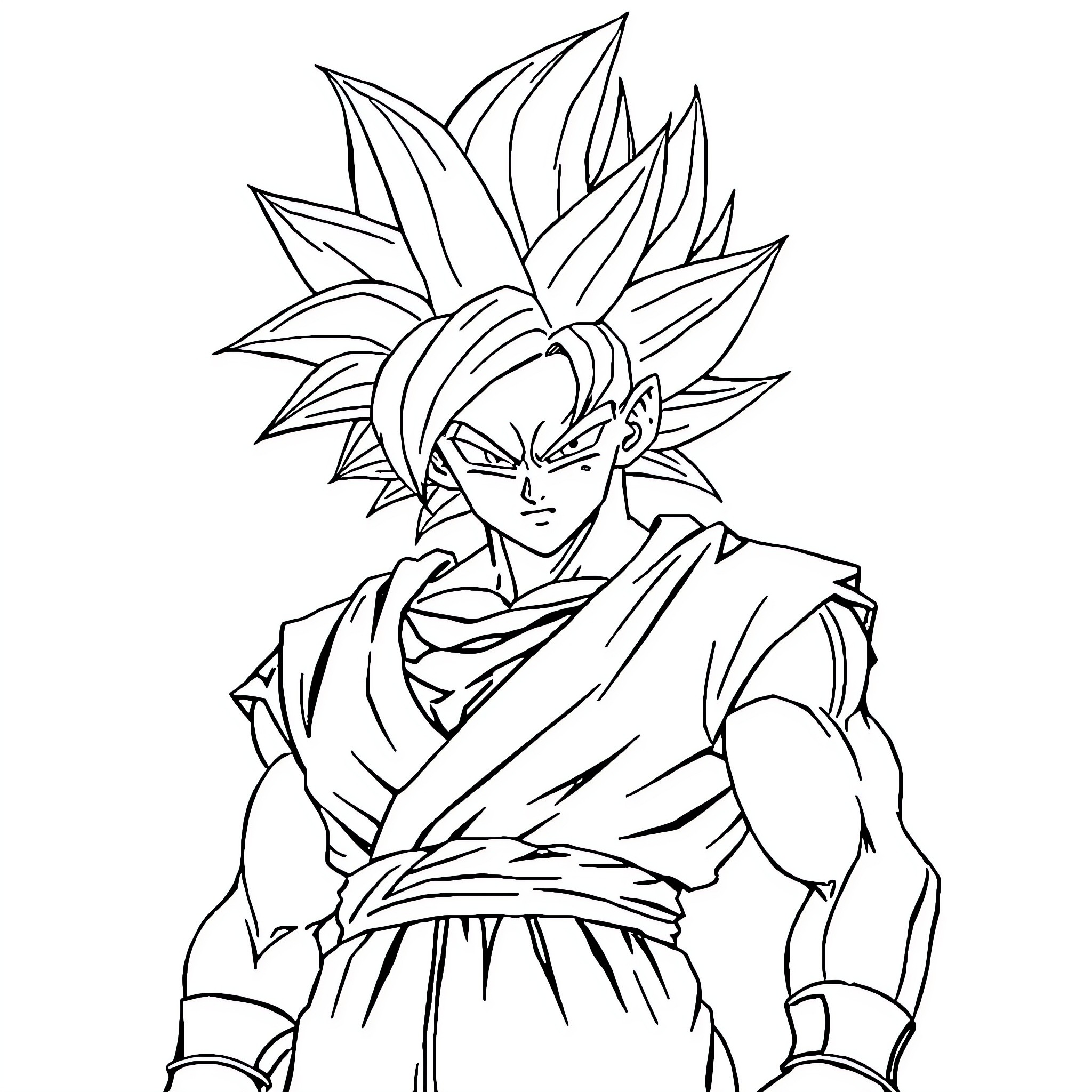 Goku's Powerful Warrior Pose Coloring Page (free black-and-white line drawing printable PDF for all, from beginners to advanced learners, including children, teens, adults, and seniors)