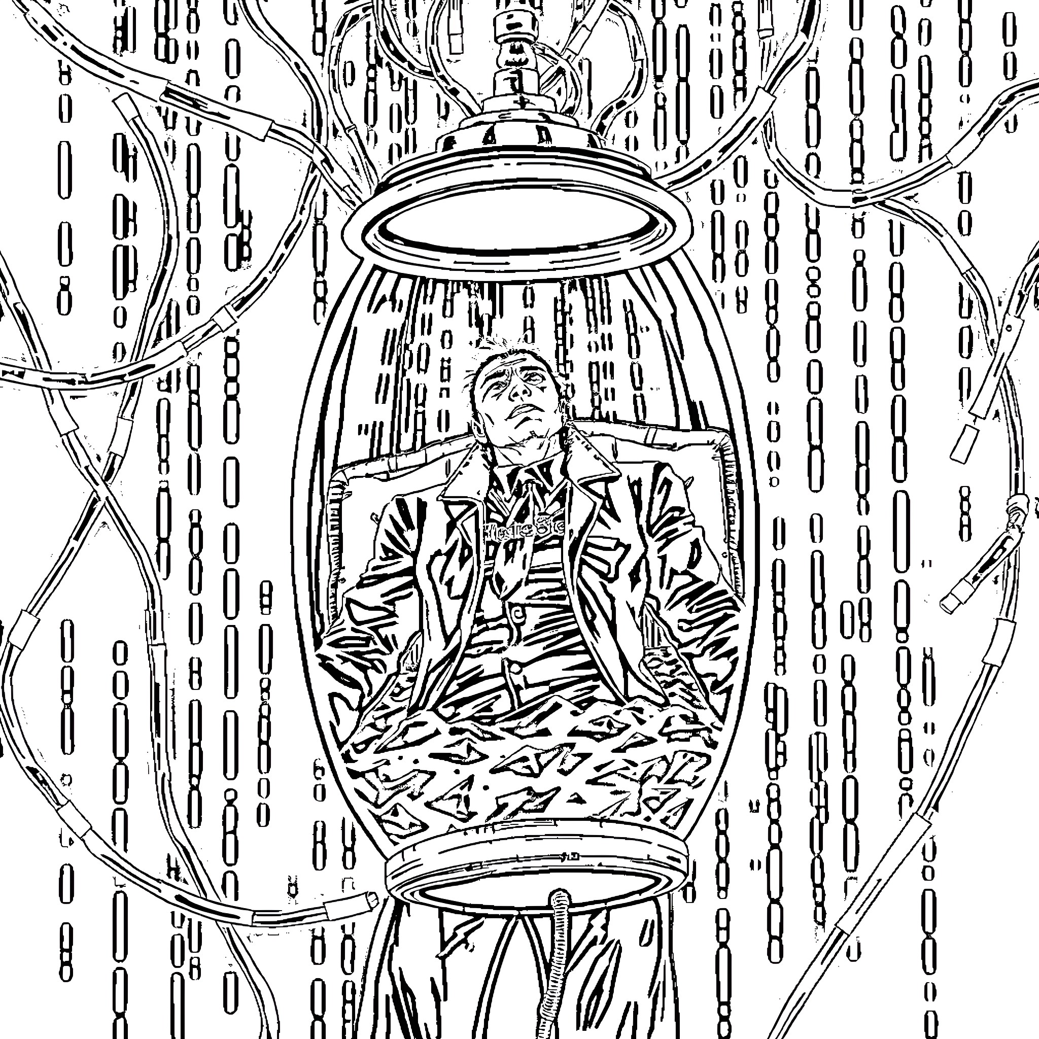 Neo Protagonist in a Futuristic Sci-Fi Capsule Coloring Page (free black-and-white line drawing printable PDF for all, from beginners to advanced learners, including children, teens, adults, and seniors)