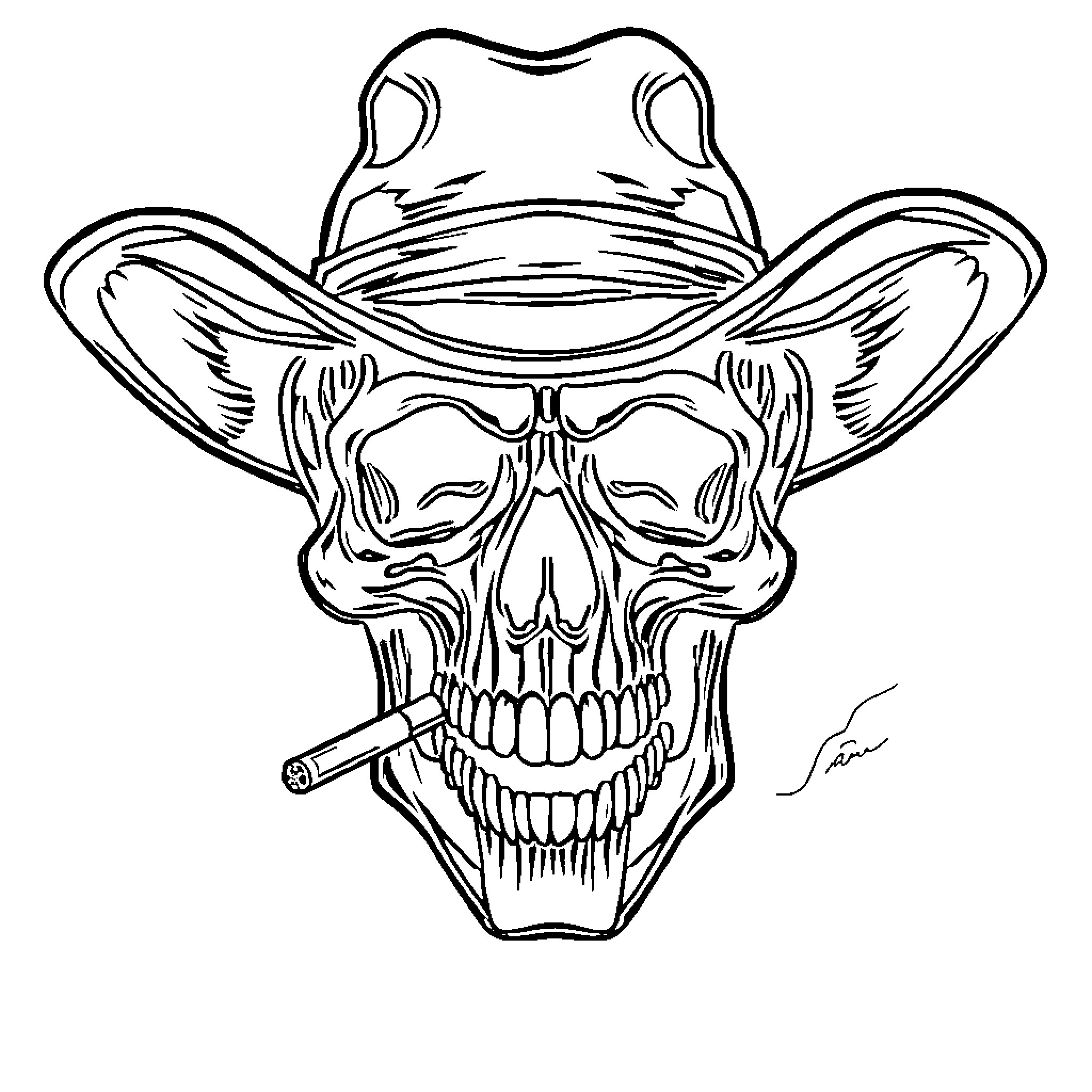 Skull wearing cowboy hat with cigarette Coloring Page (free black-and-white line drawing printable PDF for all, from beginners to advanced learners, including children, teens, adults, and seniors)