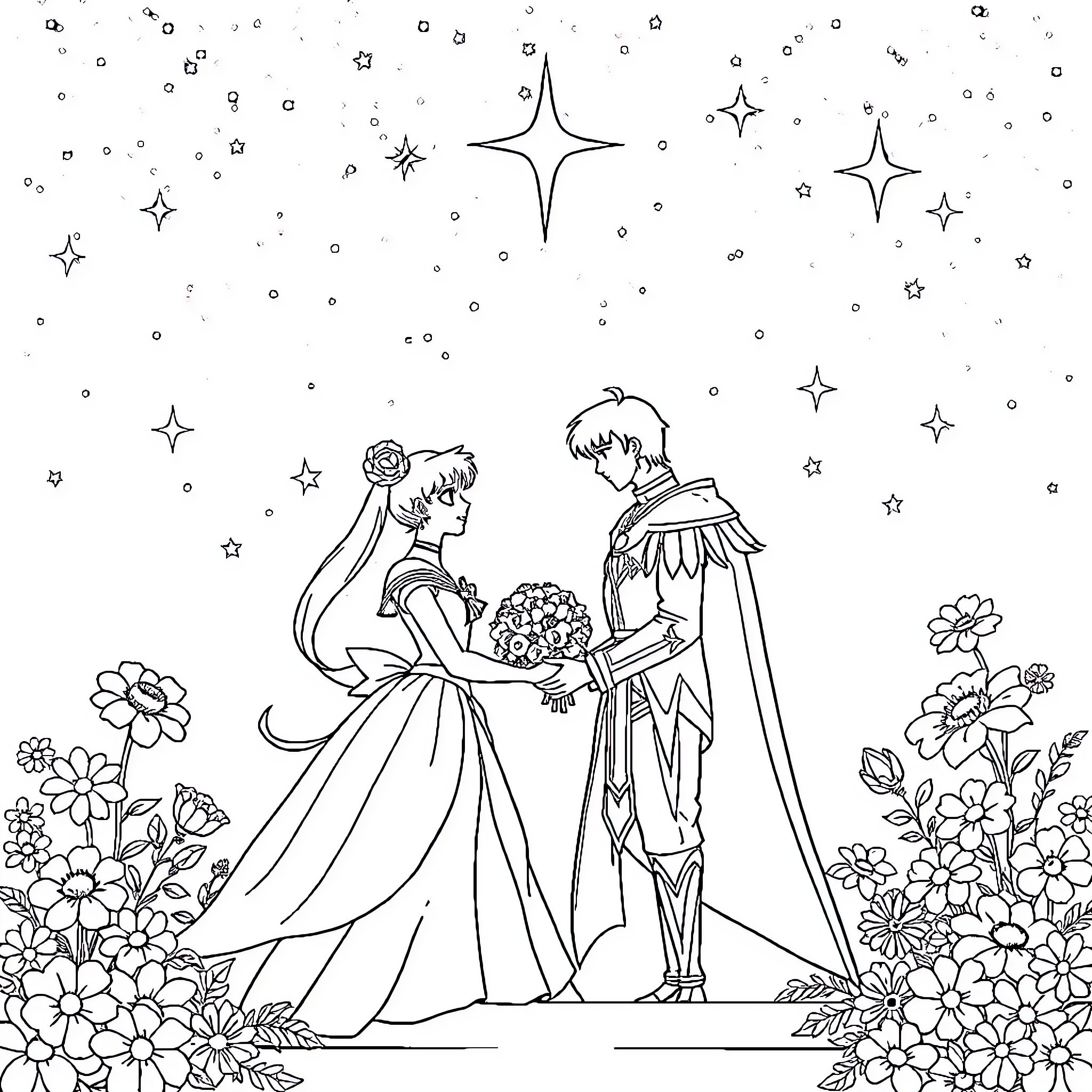 Sailor Moon Princess and Prince in Love at Night Coloring Page (free black-and-white line drawing printable PDF for all, from beginners to advanced learners, including children, teens, adults, and seniors)