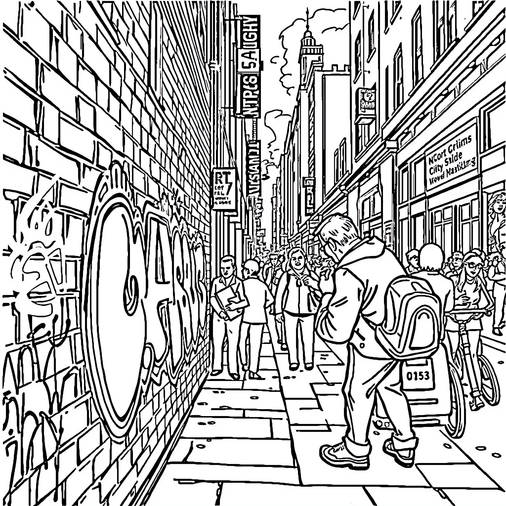 Drawing of a Crowded City Street Scene Coloring Page (free black-and-white line drawing printable PDF for all, from beginners to advanced learners, including children, teens, adults, and seniors)