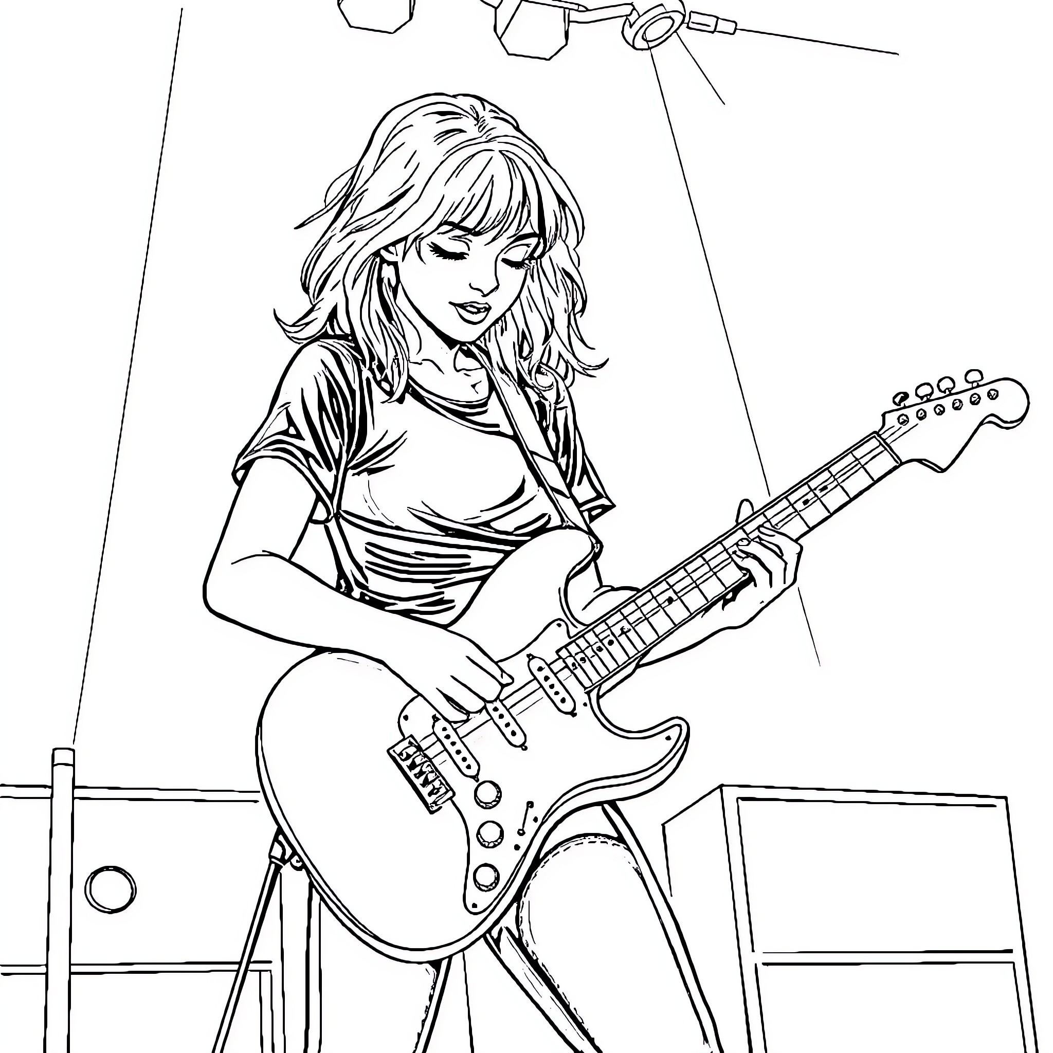 Guitarist performing on stage with electric guitar Coloring Page (free black-and-white line drawing printable PDF for all, from beginners to advanced learners, including children, teens, adults, and seniors)
