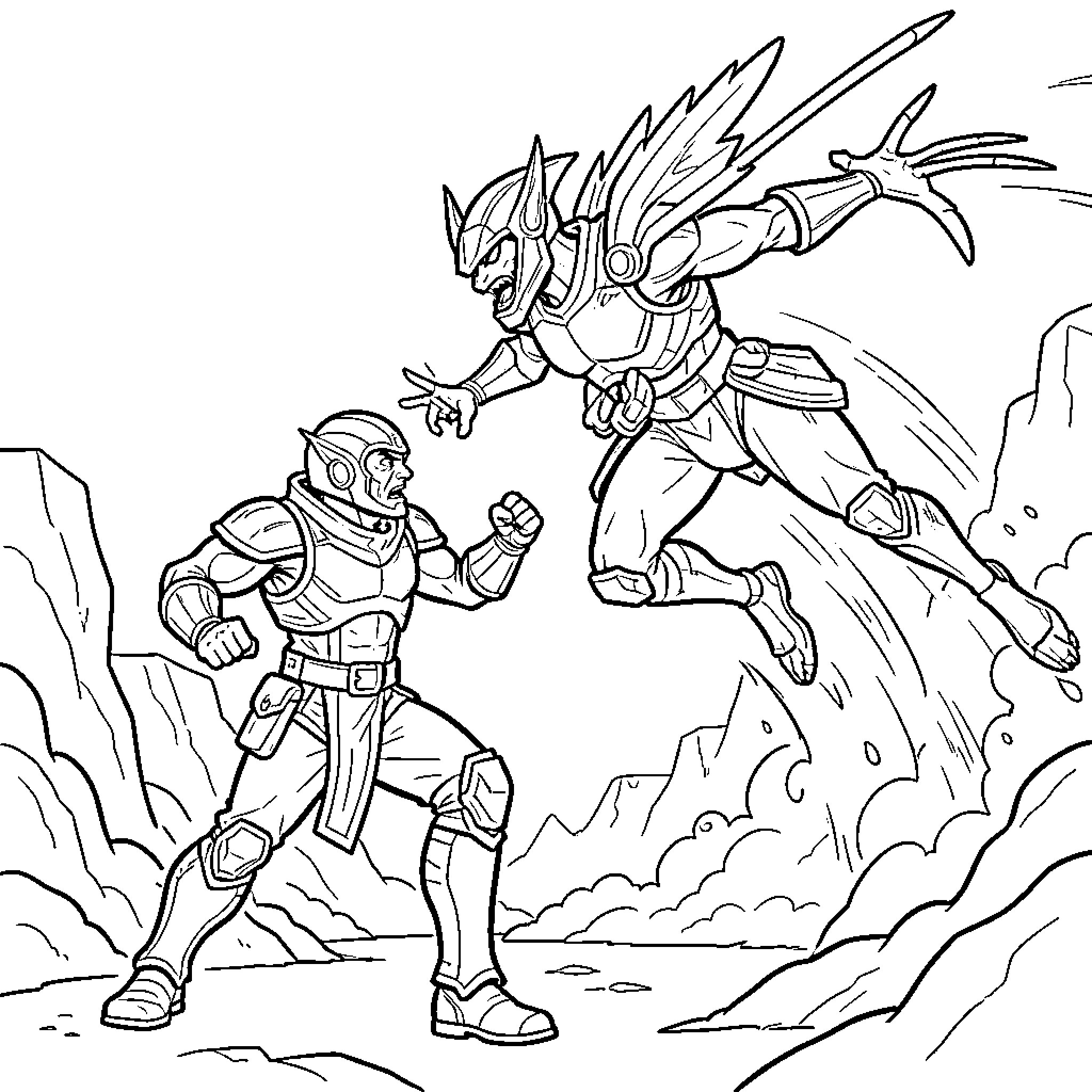 Arc Raider confronts a powerful alien creature Coloring Page (free black-and-white line drawing printable PDF for all, from beginners to advanced learners, including children, teens, adults, and seniors)