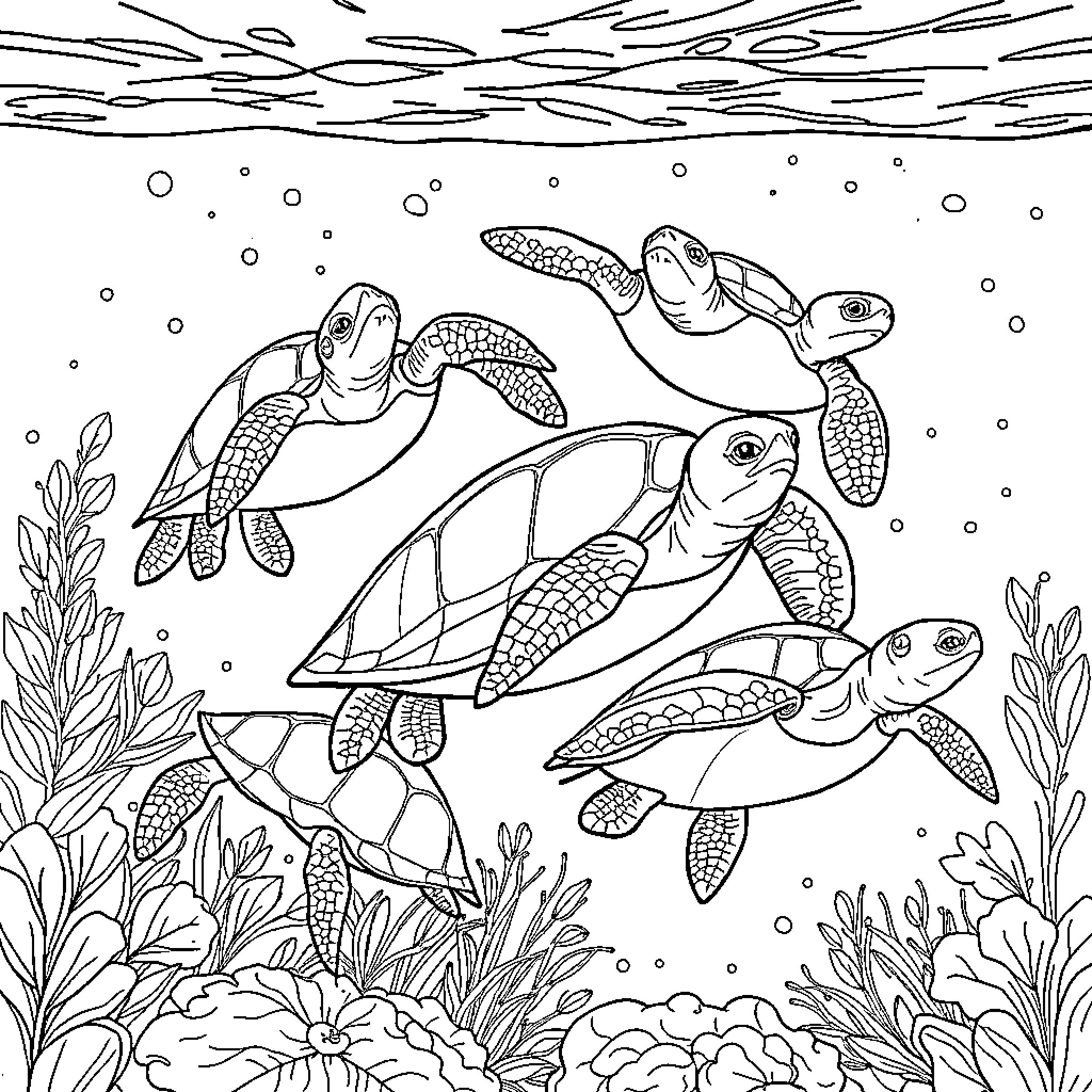 Turtles swimming gracefully in the underwater world Coloring Page (free black-and-white line drawing printable PDF for all, from beginners to advanced learners, including children, teens, adults, and seniors)