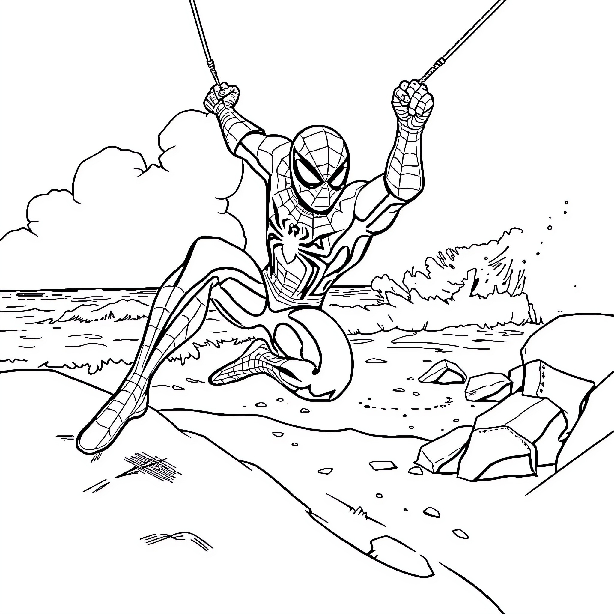 Spiderman swinging through the air with action Coloring Page (free black-and-white line drawing printable PDF for all, from beginners to advanced learners, including children, teens, adults, and seniors)
