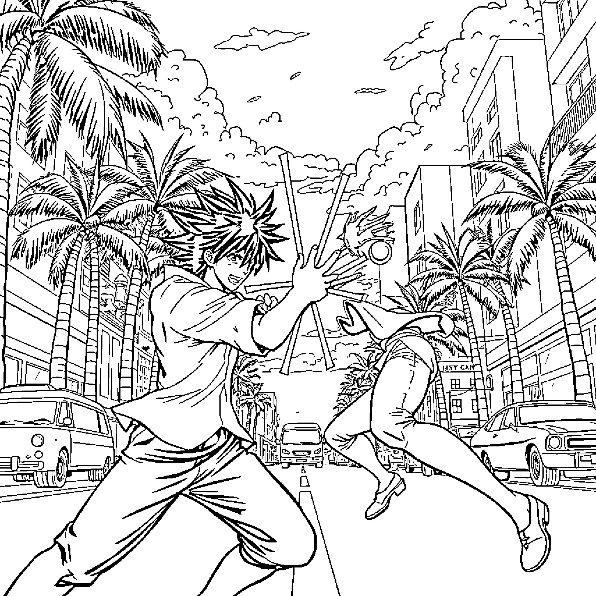 Ichigo battles foes in a vibrant city landscape Coloring Page (free black-and-white line drawing printable PDF for all, from beginners to advanced learners, including children, teens, adults, and seniors)