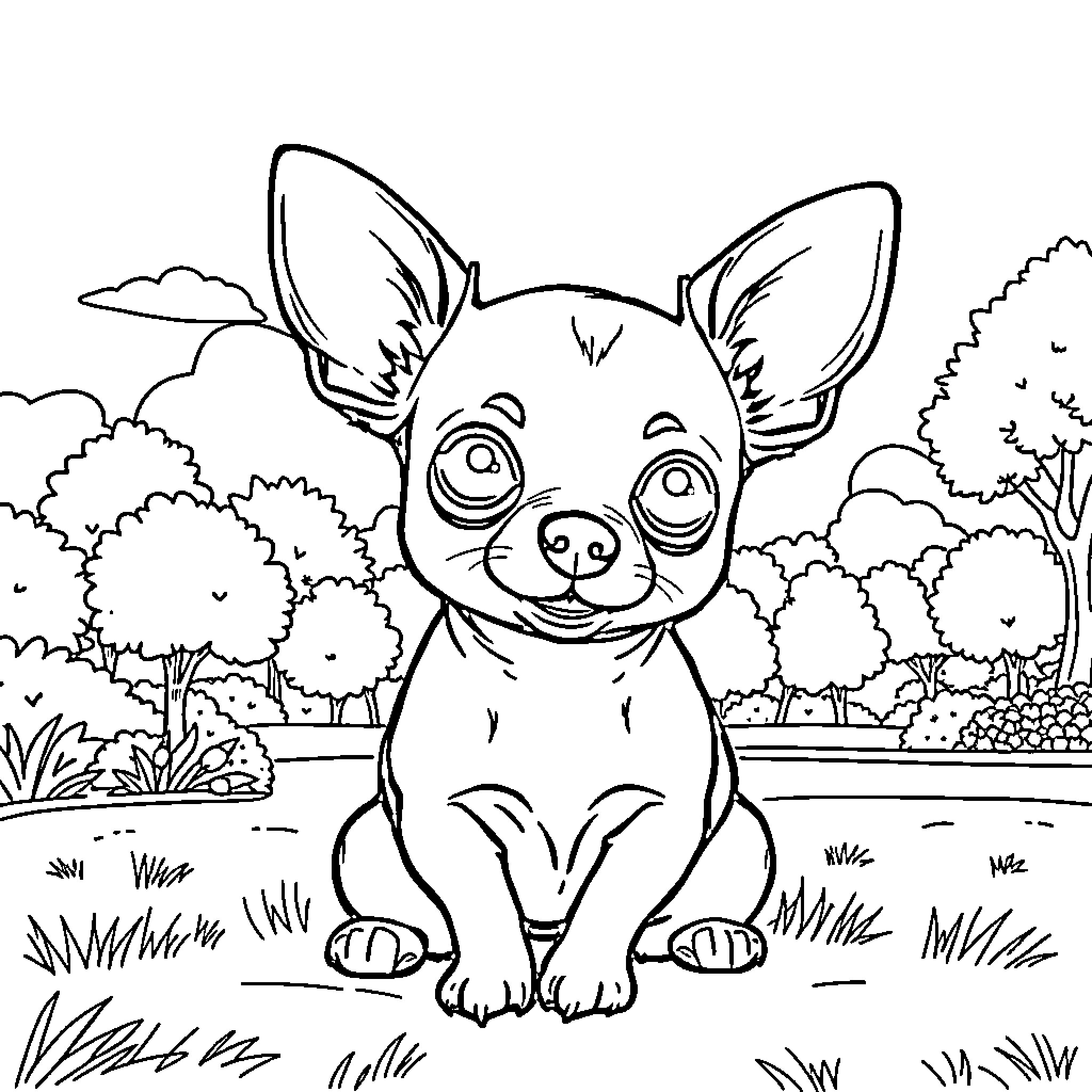 Chihuahua enjoying the outdoors Coloring Page (free black-and-white line drawing printable PDF for all, from beginners to advanced learners, including children, teens, adults, and seniors)
