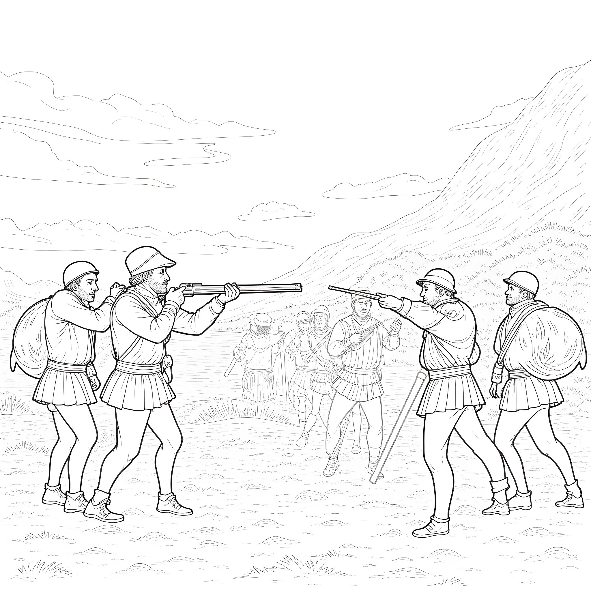 War Soldiers Engaged in Fierce Battle Coloring Page (free black-and-white line drawing printable PDF for all, from beginners to advanced learners, including children, teens, adults, and seniors)