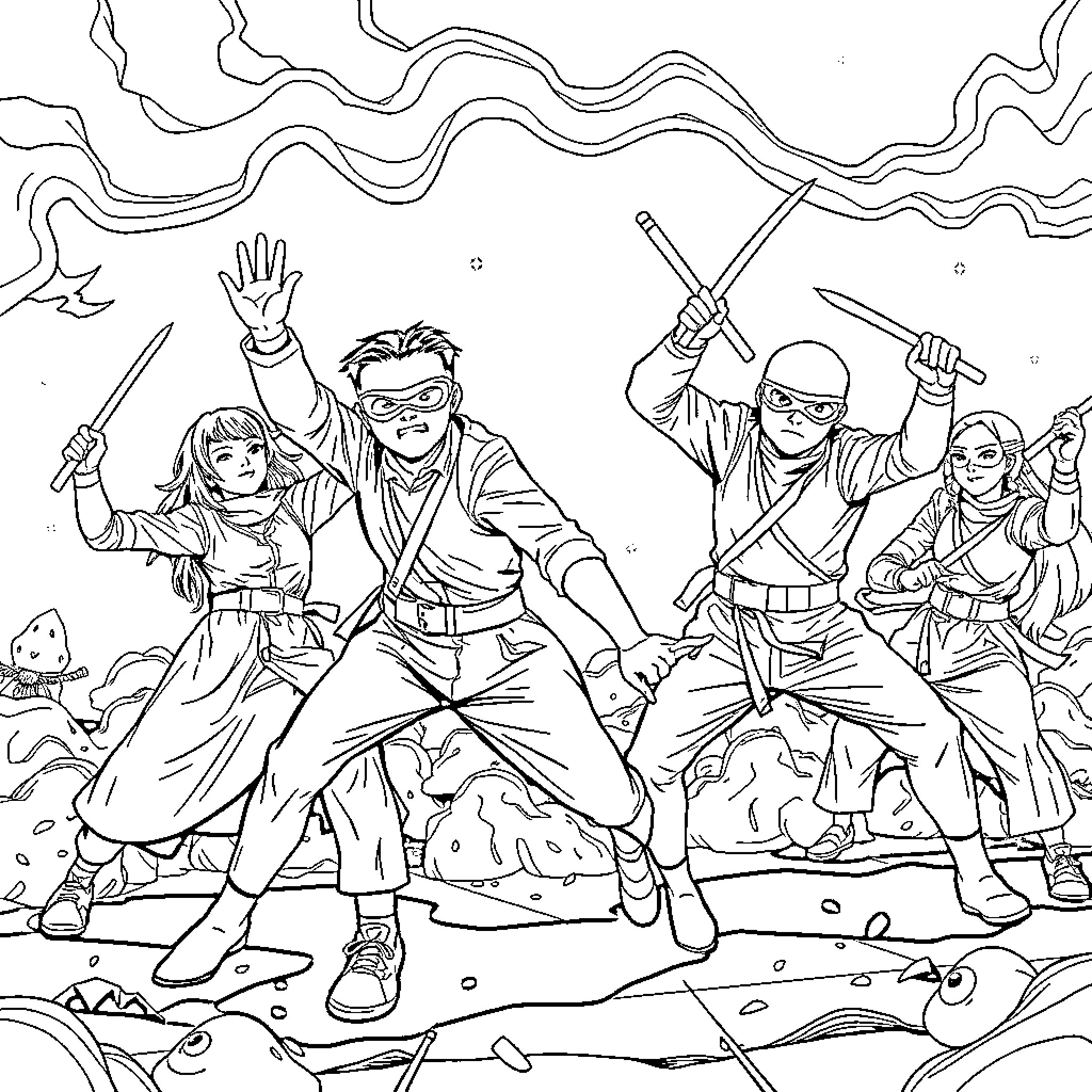 K Pop Ninja Warrior Crew in Action Coloring Page (free black-and-white line drawing printable PDF for all, from beginners to advanced learners, including children, teens, adults, and seniors)
