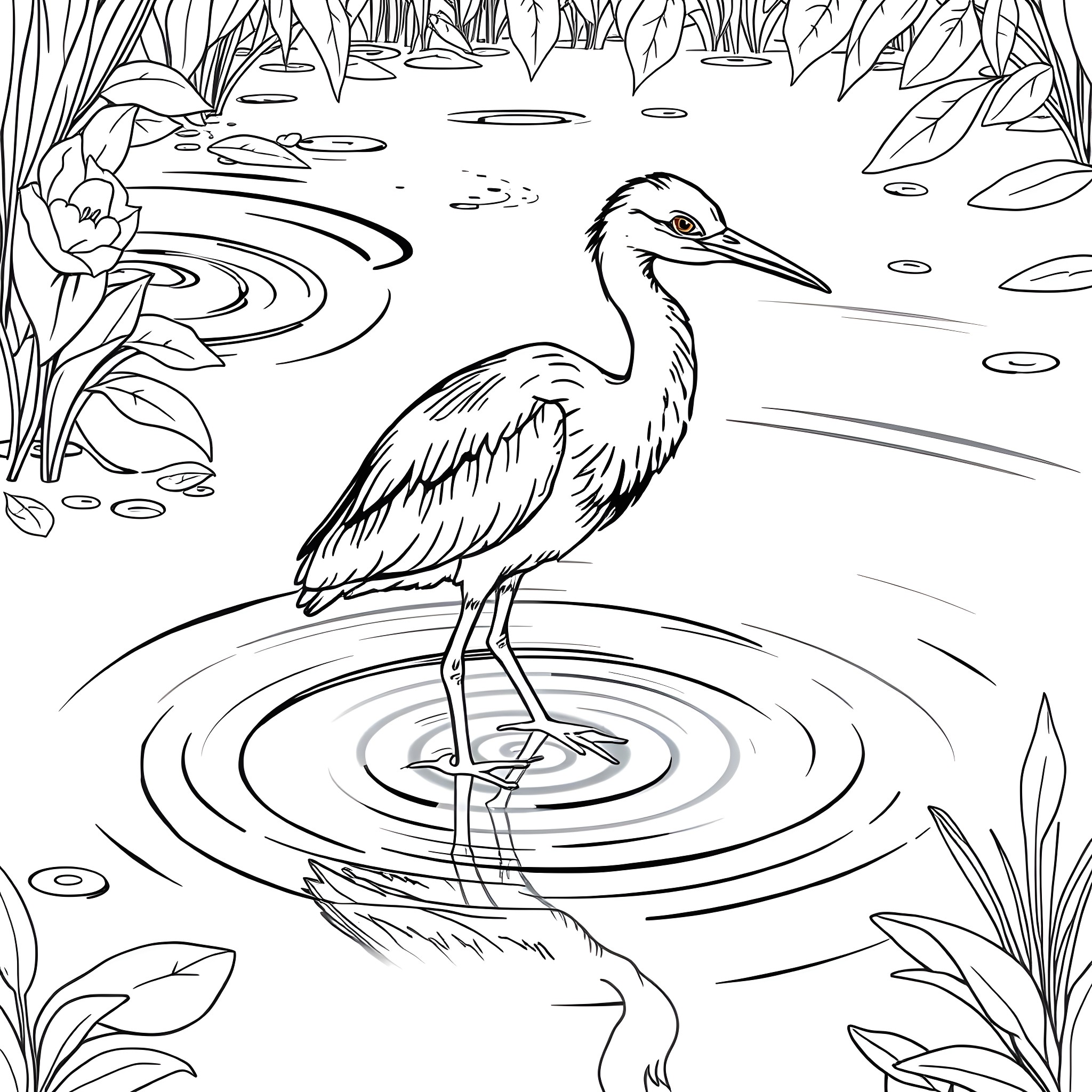 Heron Standing in Reflection of Pond Coloring Page (free black-and-white line drawing printable PDF for all, from beginners to advanced learners, including children, teens, adults, and seniors)