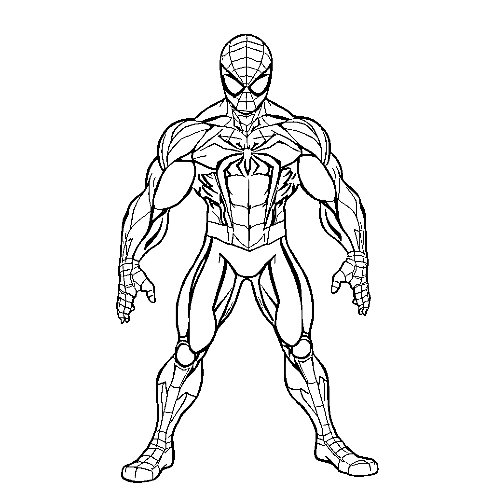 Spiderman in action-packed superhero pose Coloring Page (free black-and-white line drawing printable PDF for all, from beginners to advanced learners, including children, teens, adults, and seniors)