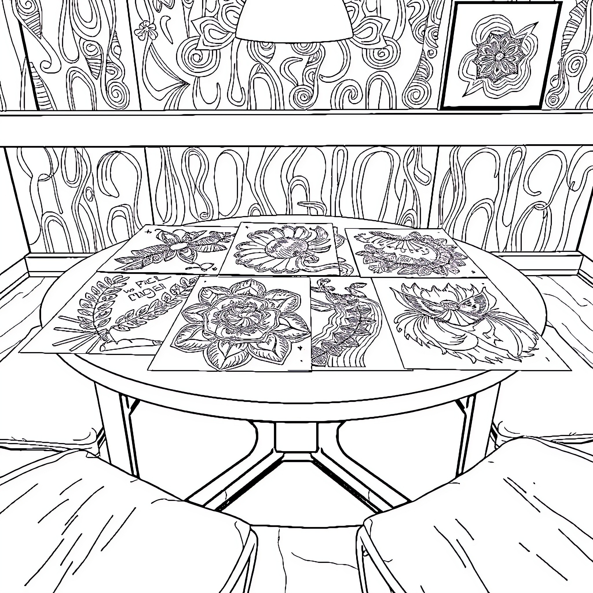 Work Sheets of Intricate Floral Designs on a Table Coloring Page (free black-and-white line drawing printable PDF for all, from beginners to advanced learners, including children, teens, adults, and seniors)