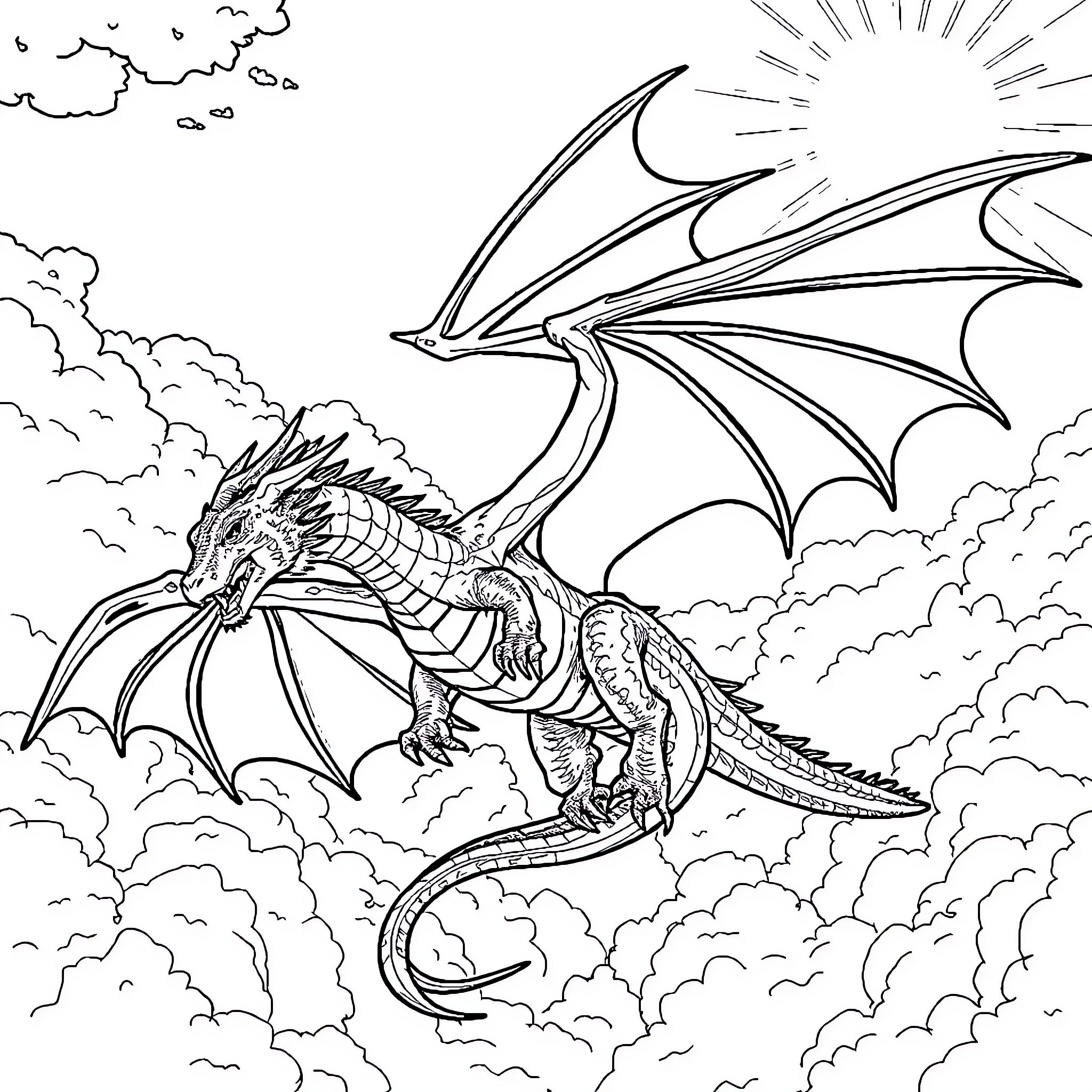 Dragon soaring through the cloudy skies Coloring Page (free black-and-white line drawing printable PDF for all, from beginners to advanced learners, including children, teens, adults, and seniors)