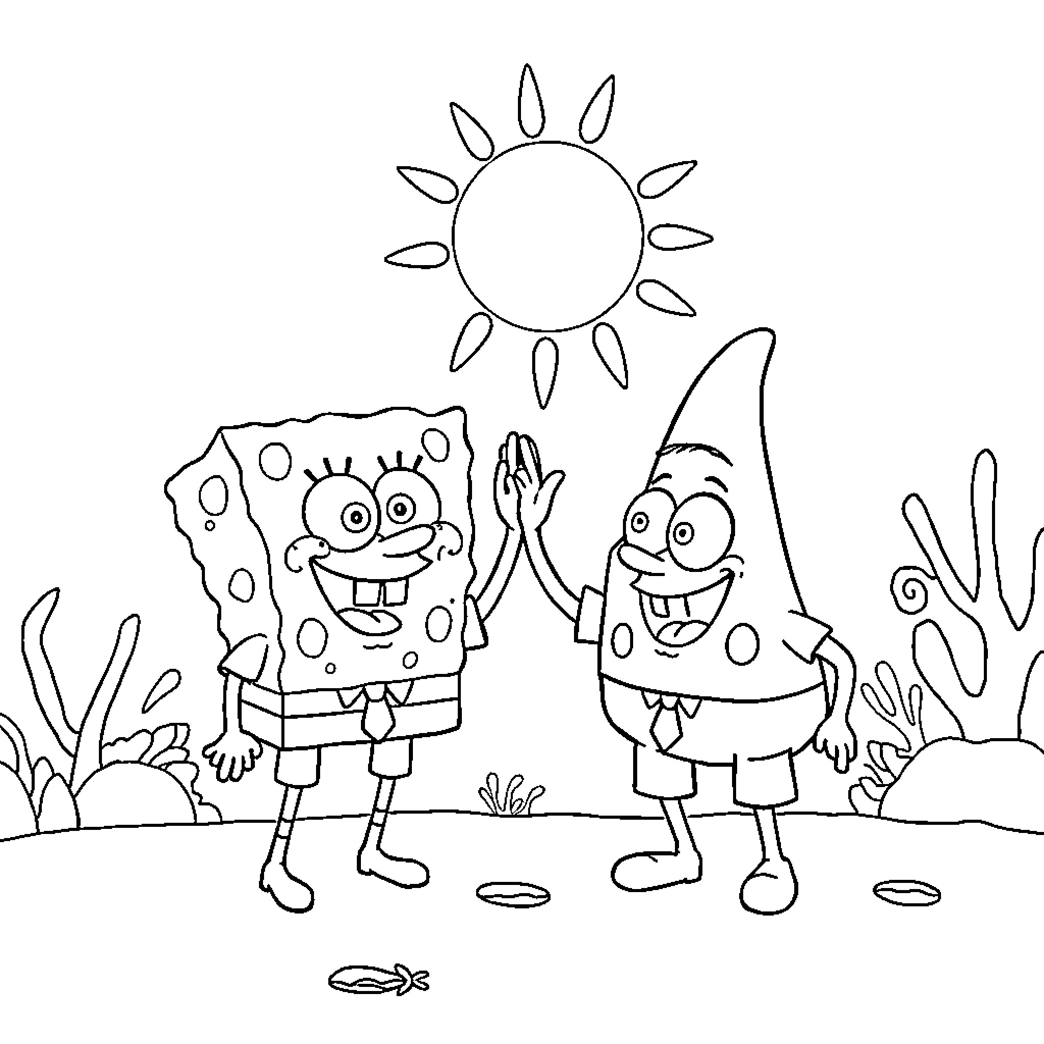Spongebob and Patrick having fun in the sun Coloring Page (free black-and-white line drawing printable PDF for all, from beginners to advanced learners, including children, teens, adults, and seniors)