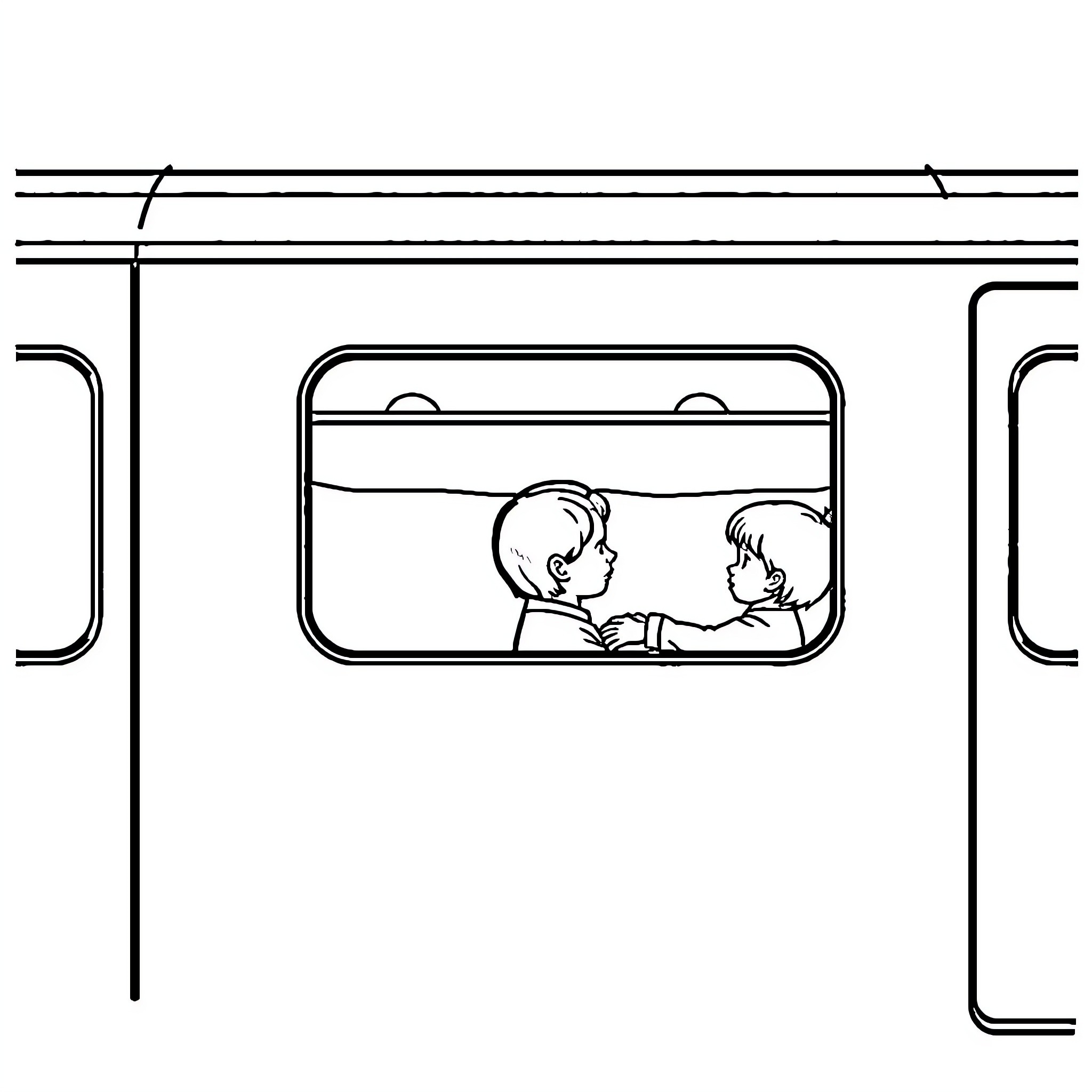 Train passengers looking out the window Coloring Page (free black-and-white line drawing printable PDF for all, from beginners to advanced learners, including children, teens, adults, and seniors)