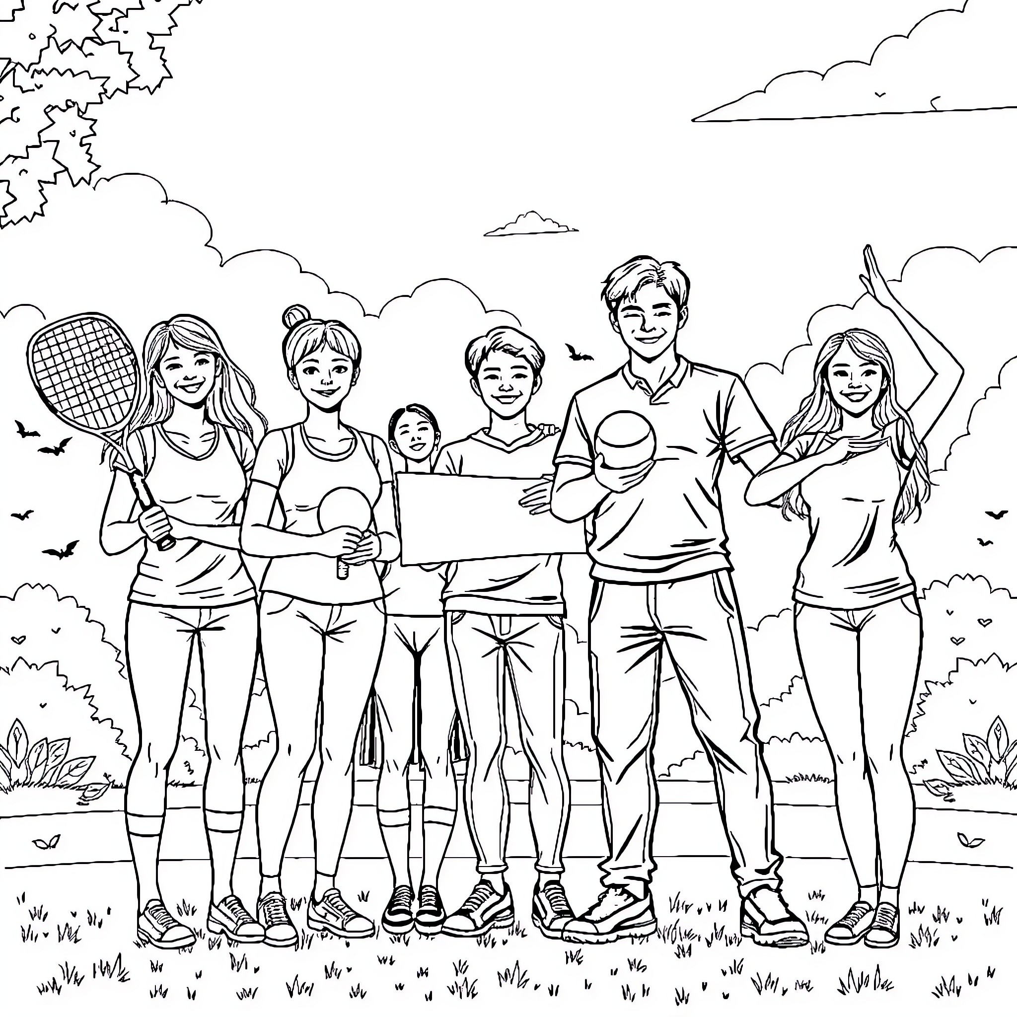 Sport People Engaged in Various Athletic Activities Coloring Page (free black-and-white line drawing printable PDF for all, from beginners to advanced learners, including children, teens, adults, and seniors)