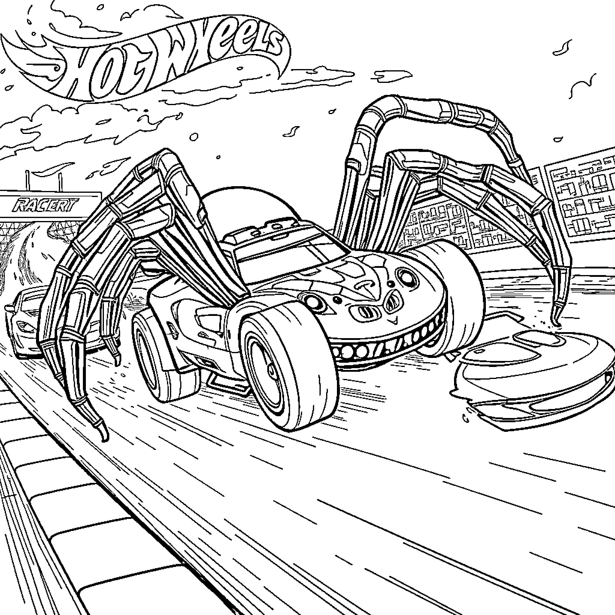 Car racer zipping through the city streets Coloring Page (free black-and-white line drawing printable PDF for all, from beginners to advanced learners, including children, teens, adults, and seniors)