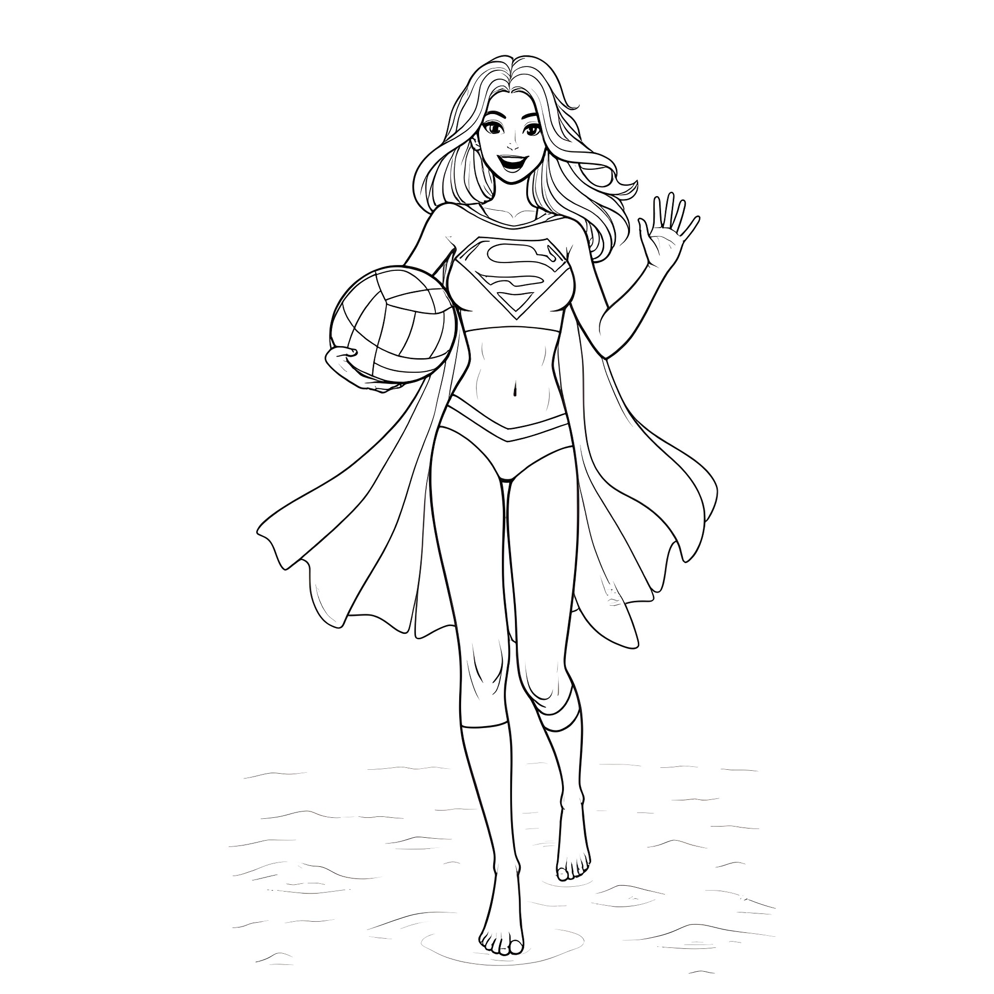 Supergirl heroically posing in her iconic costume Coloring Page (free black-and-white line drawing printable PDF for all, from beginners to advanced learners, including children, teens, adults, and seniors)