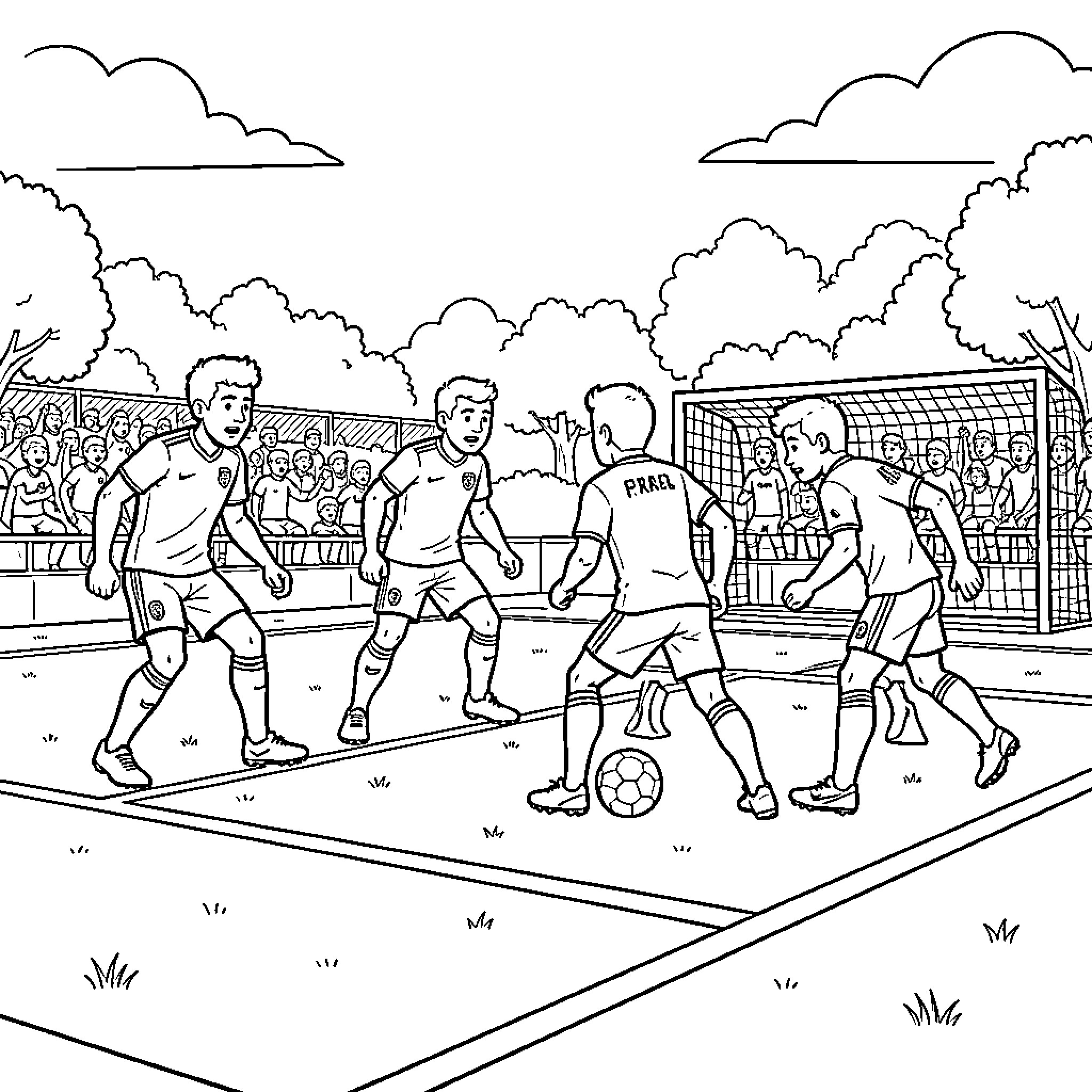 France Football players competing for the ball during a match Coloring Page (free black-and-white line drawing printable PDF for all, from beginners to advanced learners, including children, teens, adults, and seniors)