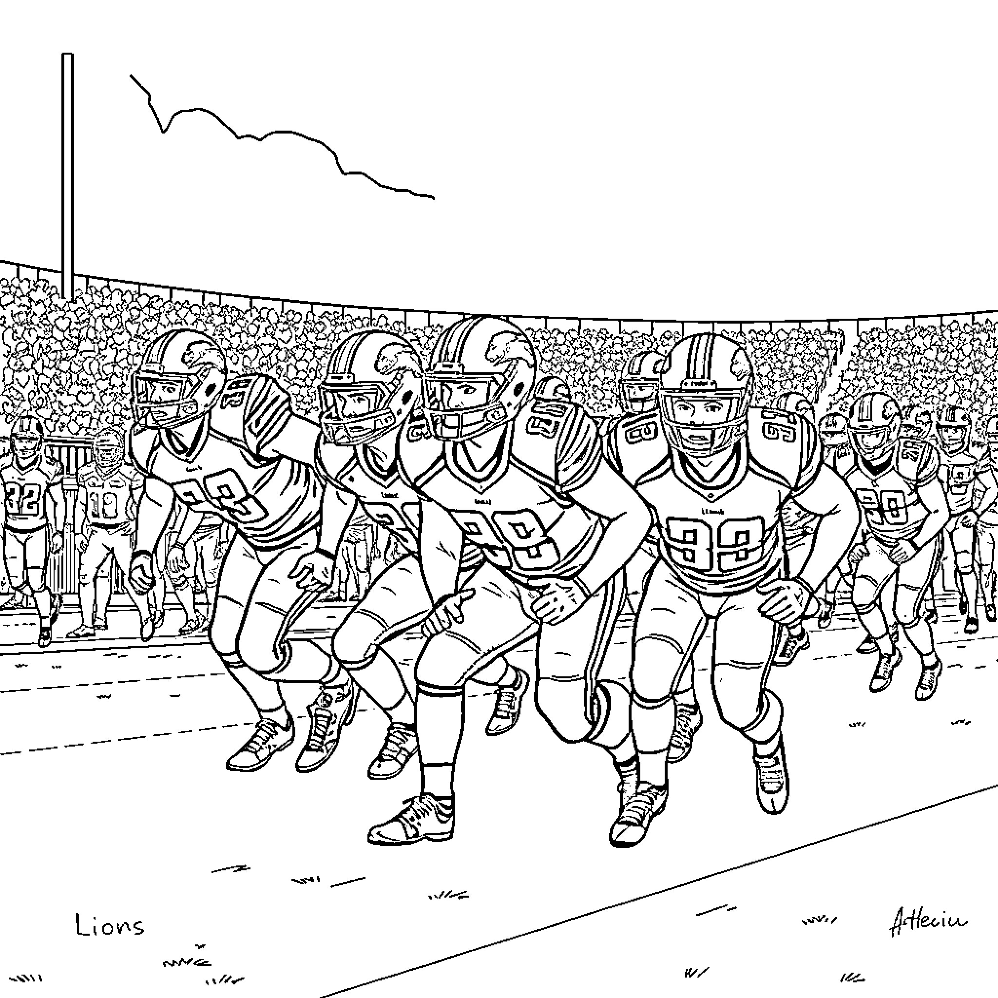 Lion football players compete fiercely on the field Coloring Page (free black-and-white line drawing printable PDF for all, from beginners to advanced learners, including children, teens, adults, and seniors)
