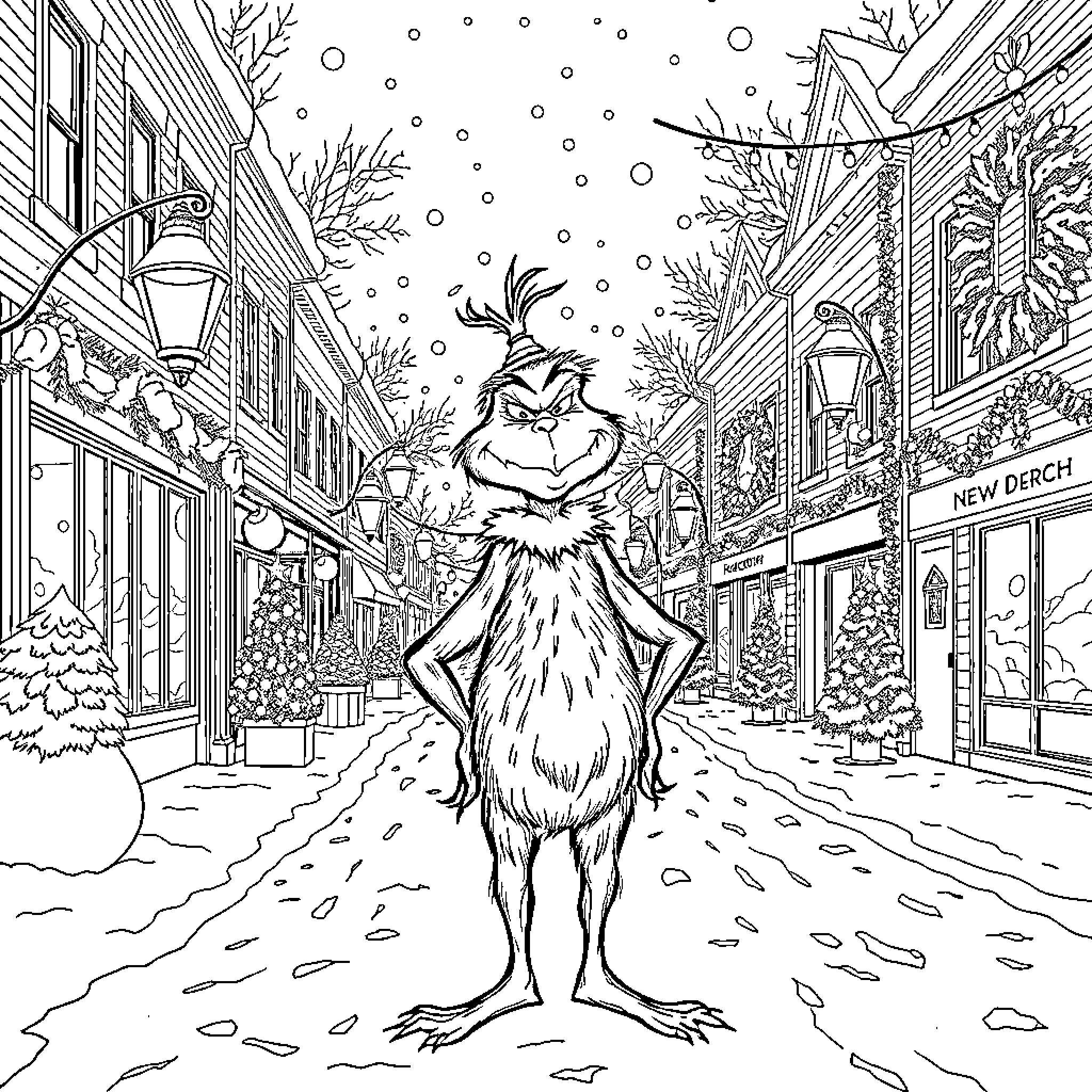 Grinch strolling through a snowy town Coloring Page (free black-and-white line drawing printable PDF for all, from beginners to advanced learners, including children, teens, adults, and seniors)