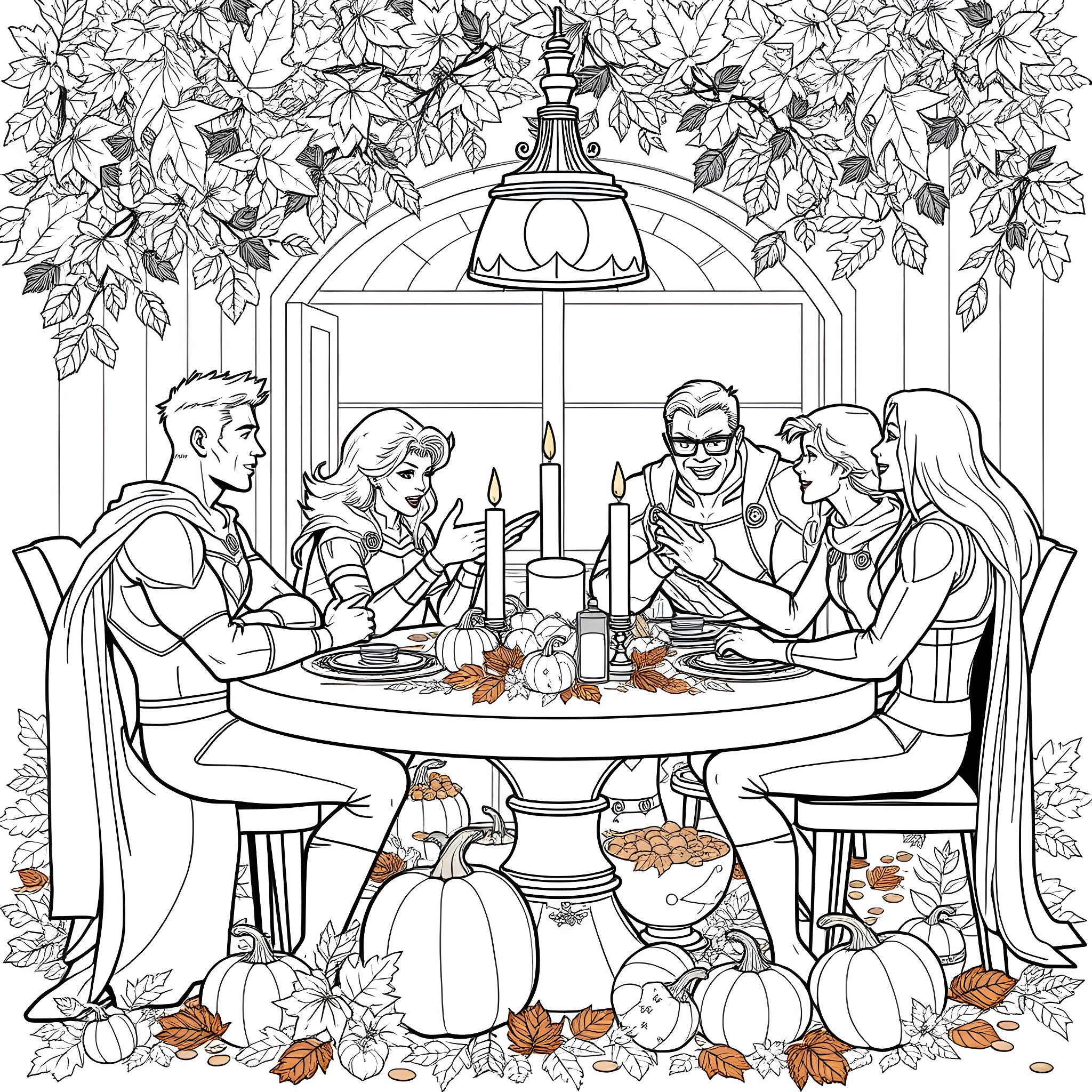 Alpha Flight: Family Thanksgiving Feast Coloring Page (free black-and-white line drawing printable PDF for all, from beginners to advanced learners, including children, teens, adults, and seniors)