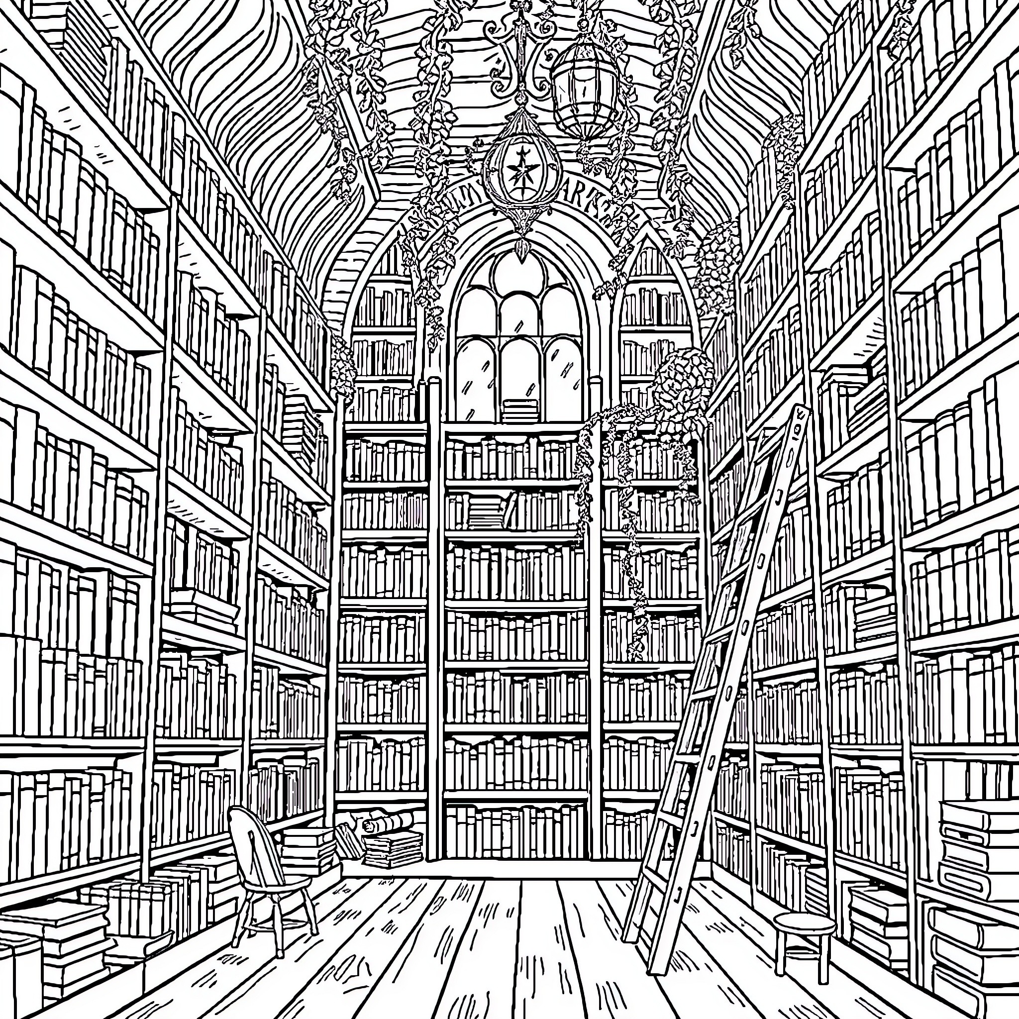 Library Filled with Ornate Bookshelves and Arched Windows Coloring Page (free black-and-white line drawing printable PDF for all, from beginners to advanced learners, including children, teens, adults, and seniors)