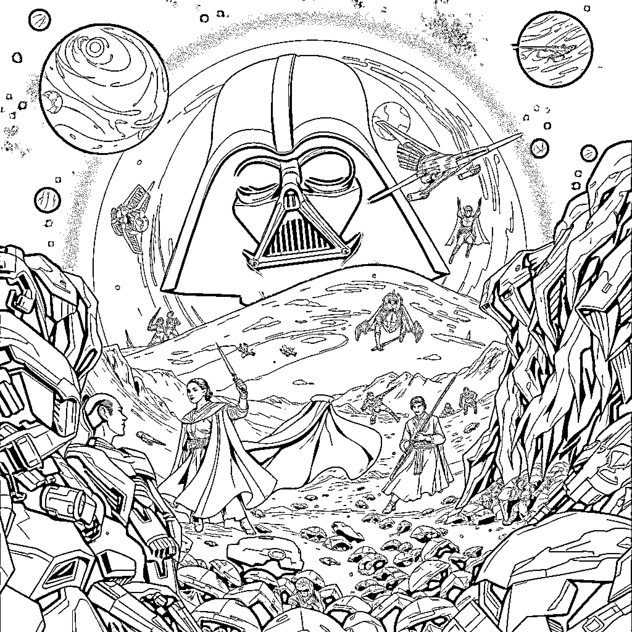 Star Wars Epic Battle Scenes and Iconic Characters Coloring Page (free black-and-white line drawing printable PDF for all, from beginners to advanced learners, including children, teens, adults, and seniors)