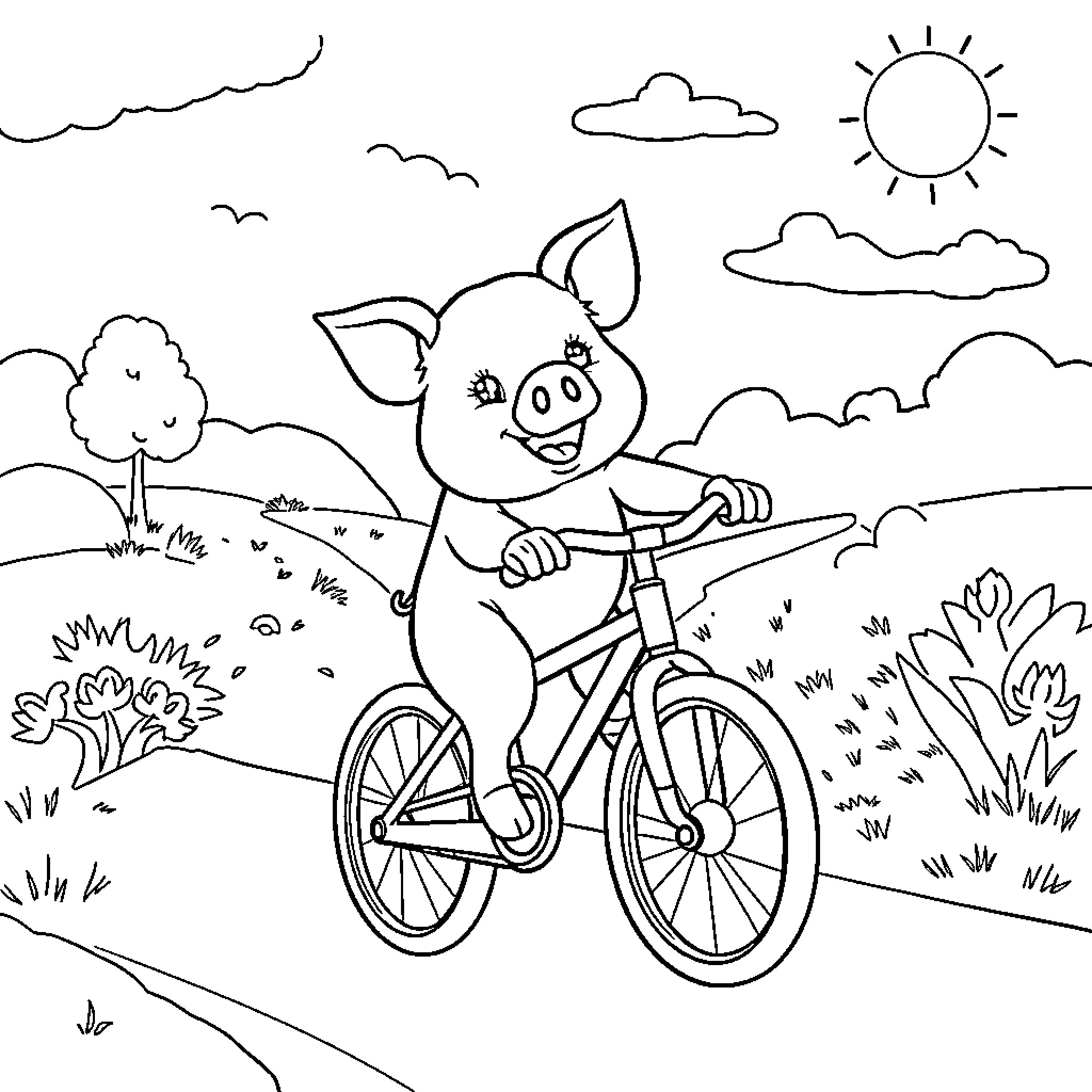 Pig riding bicycle in countryside landscape Coloring Page (free black-and-white line drawing printable PDF for all, from beginners to advanced learners, including children, teens, adults, and seniors)